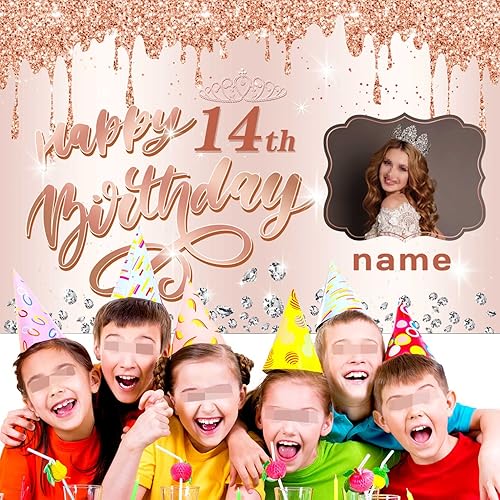 Miniatura 5 de Cartel personalizable de decoración de feliz cumpleaños número 14 de oro rosa, personalizado con nombre y foto