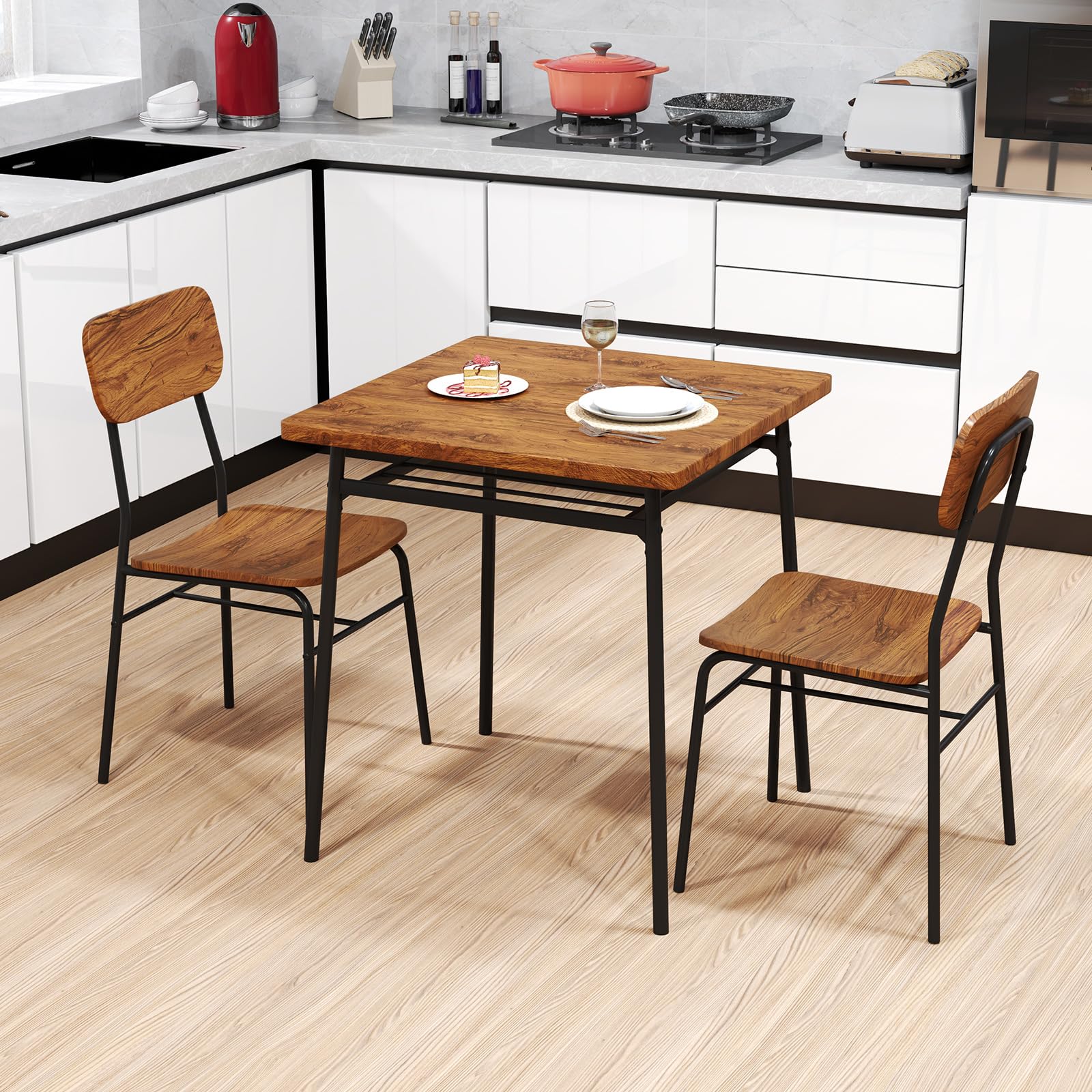 GIANTEX Esstisch mit 2 Stühlen, Essgruppe für 2 Personen, 70 x 70 cm Küchentisch Esszimmertisch mit Ablageregal, Esszimmergruppe mit Metallrahmen, Küchenbar Sitzgruppe (Industriebraun)