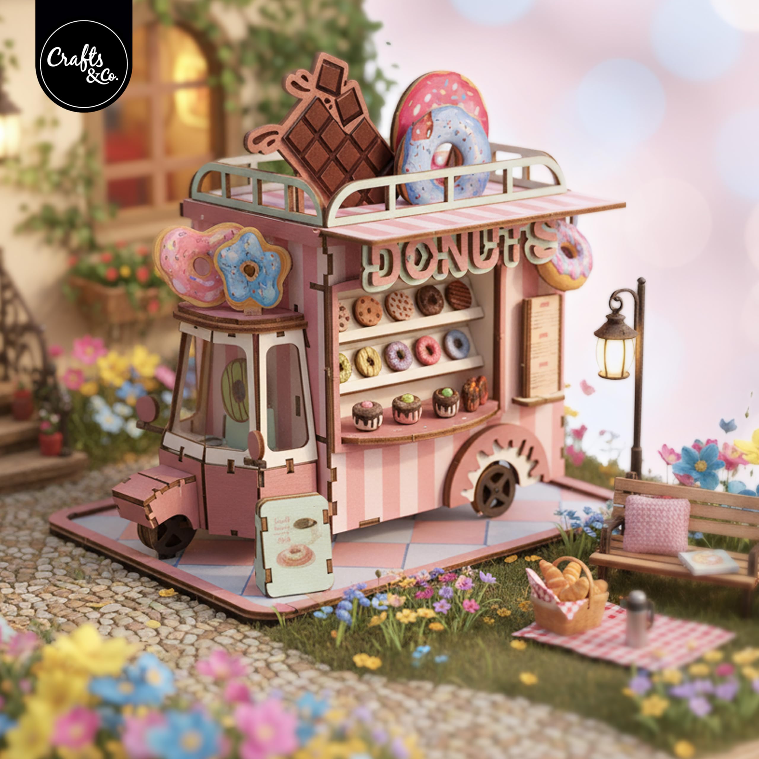 Crafts&Co Drewniane puzzle 3D z motywem pączka, "zrób to sam", miniaturowy zestaw do montażu z drewna dla dzieci i dorosłych, kreatywny zestaw do majsterkowania do relaksu i dekoracji, rozmiar 16 x 8