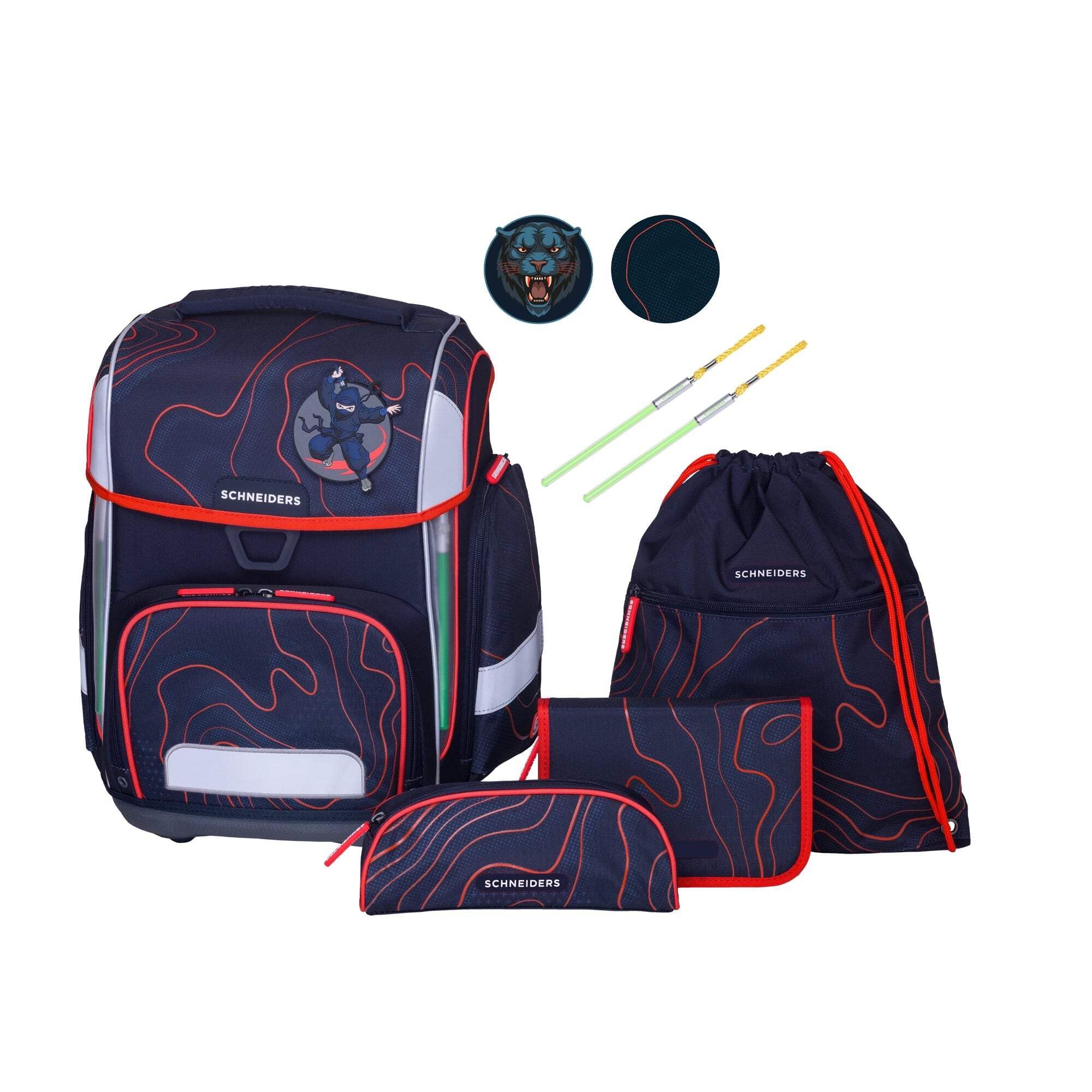Schneiders Ergolite Schultasche Ninja Revenge – 9-teiliges Schulranzen Set für Jungen – Ergonomisch, Leicht (1,2 kg), Mit LED-Leuchtstäben, Reflektoren & Zubehör – 22L Volumen