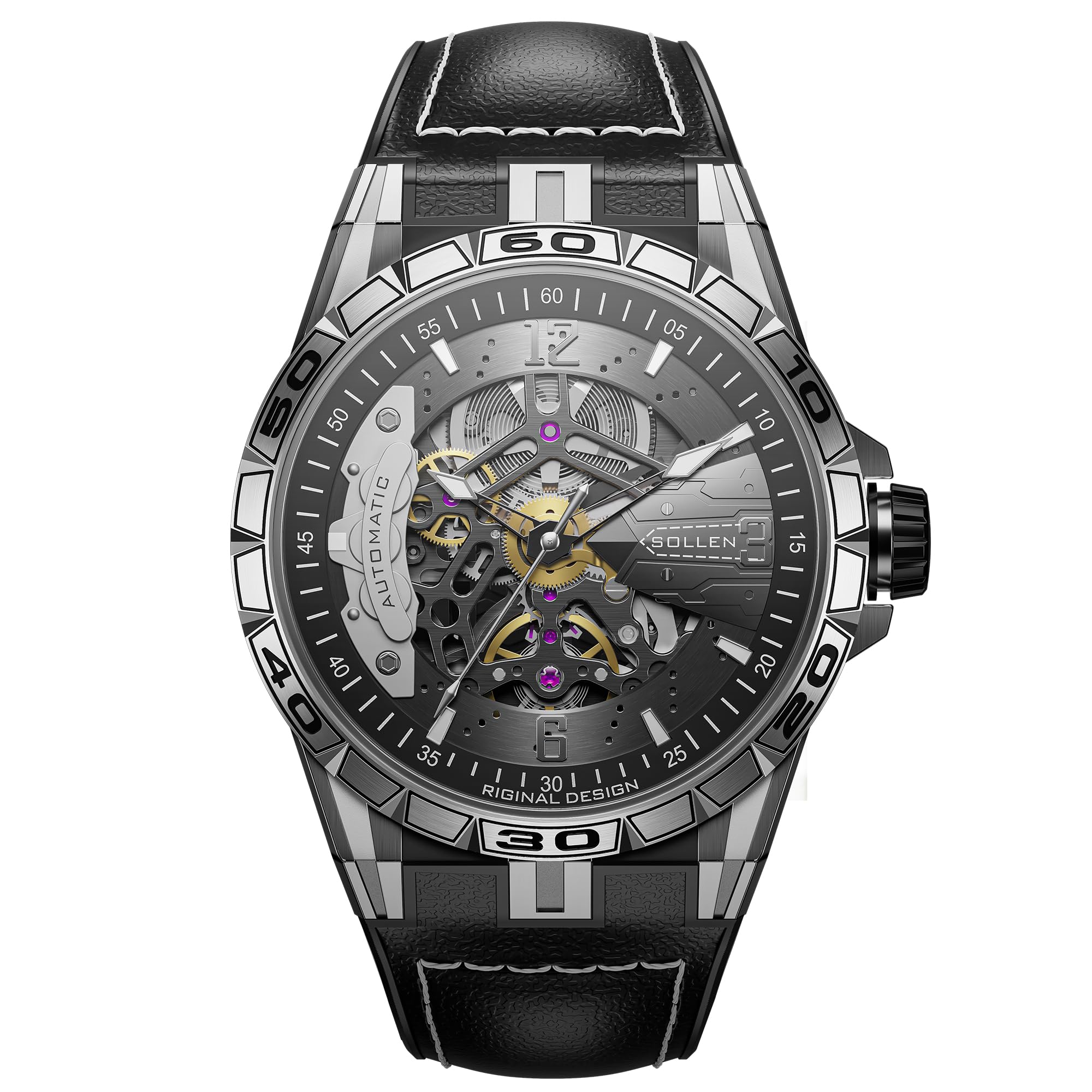 SOLLEN Skelett Uhren Herren Automatik,Mechanische Armbanduhren Herren,Klassische Minimalistische Herrenuhren Luxus,5ATM Wasserdicht Leuchtend Selbstaufzug Automatische Uhr als Geschenk für Männer