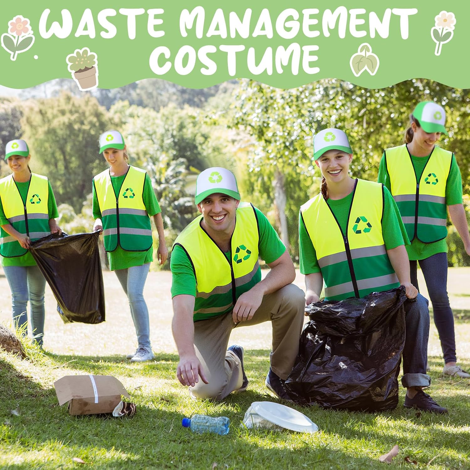 Mepase 3 Pcs Halloween Waste Management Costume Kit Adult Waste Management Garbage Truck Costume Accessories Recycle Trash Vest Hat Gloves for Halloween Career Day Dress Up