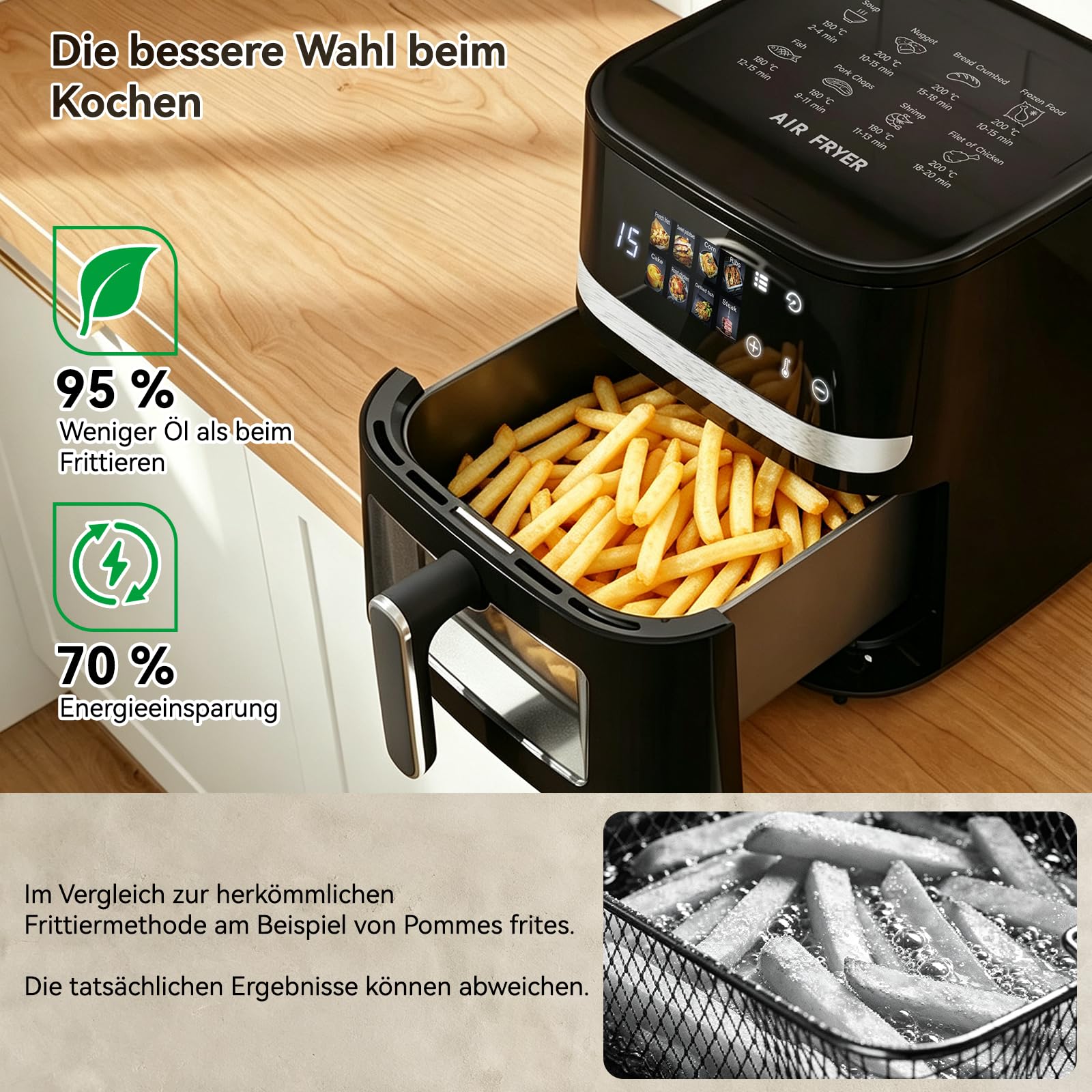 ARTETHYS Heißluftfritteuse 6,5L XL,1350W Airfryer mit 8 Programmen, Schwarz