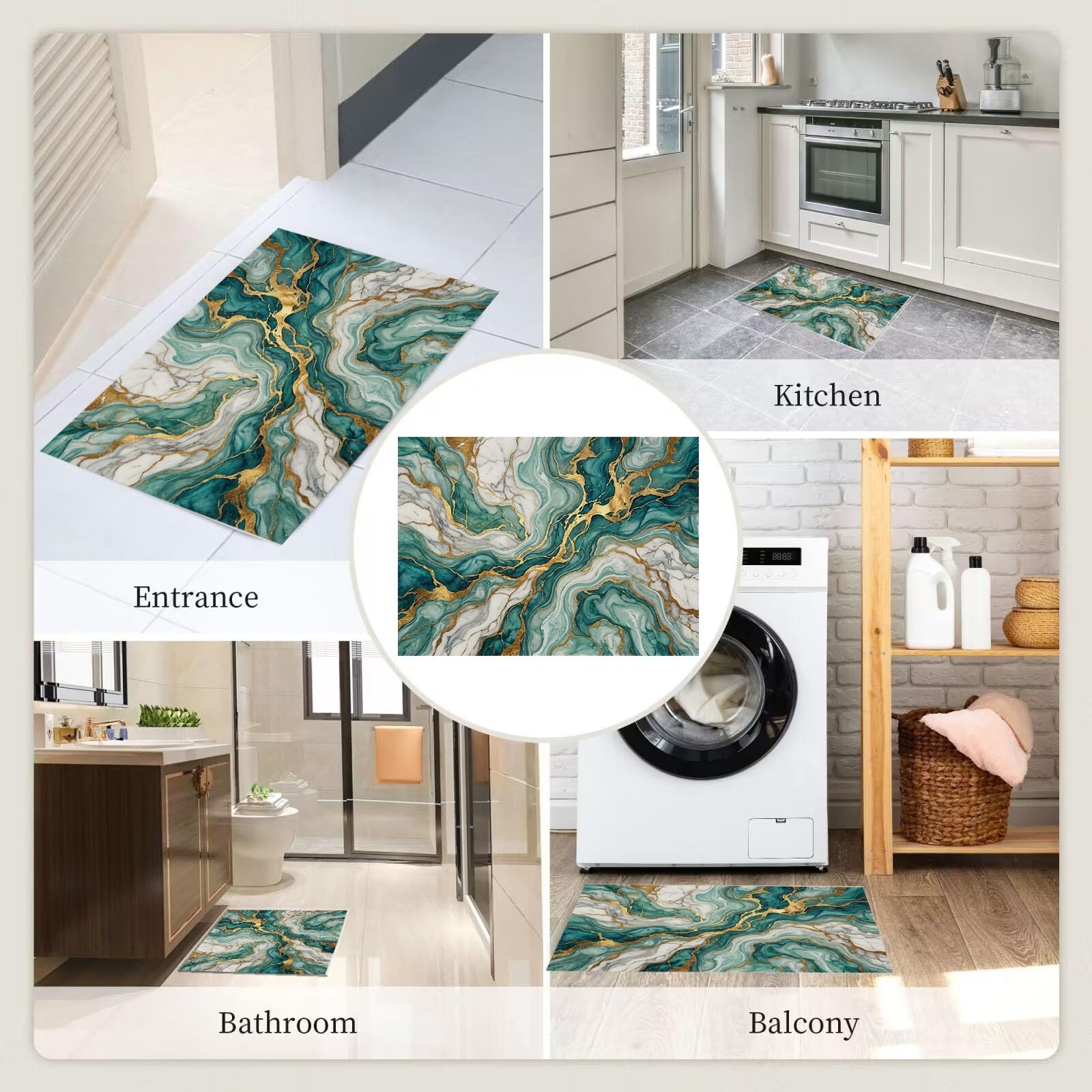 Zerbino 90X150Cm Per Interni Ed Esterni, Vortex Di Marmo Di Lusso, Tappetino Lavabile In Lavatrice, Zerbini Resistente Morbido Antiscivolo, Onde Moderne, Tappeto Ingresso, Verde Smeraldo