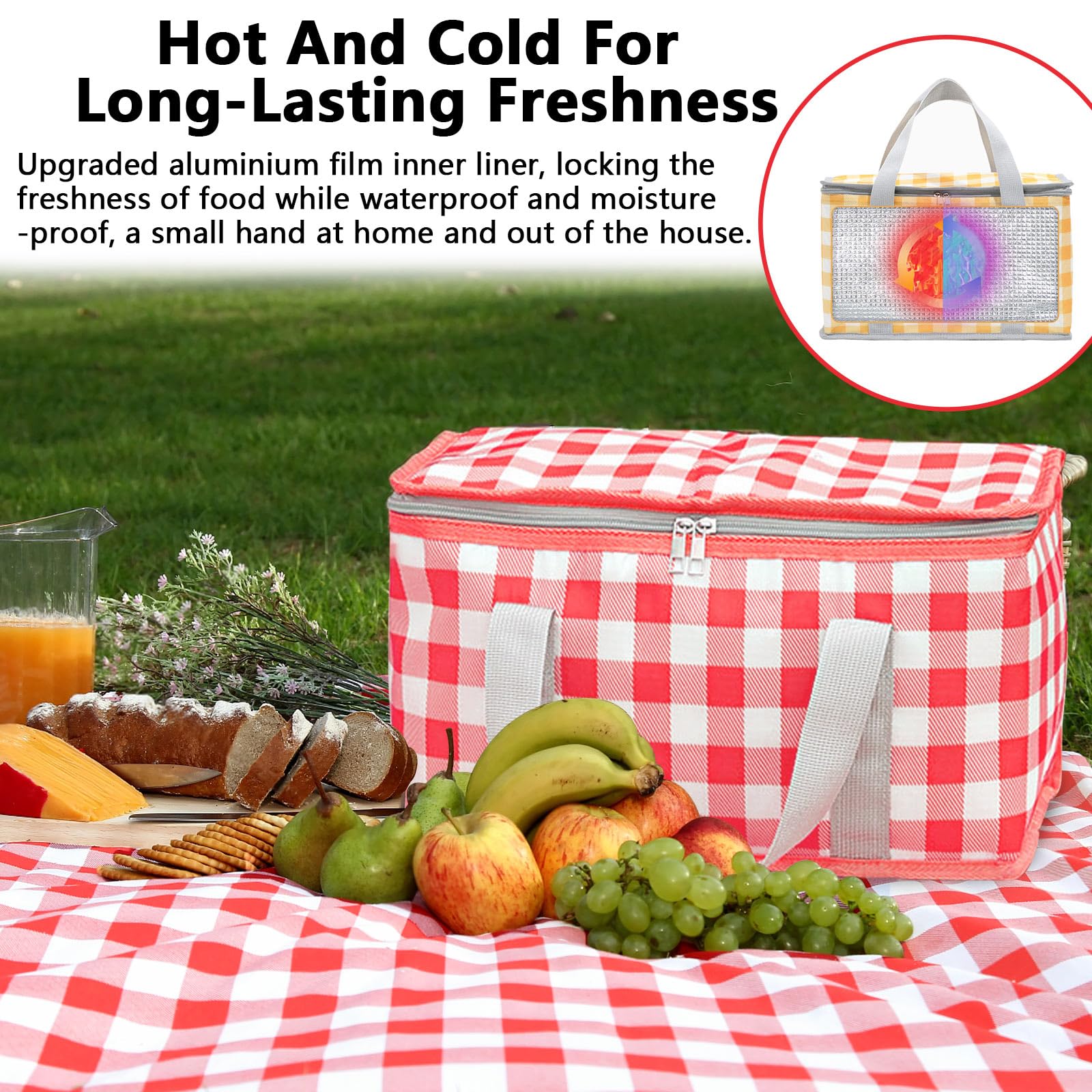 Huakaile Insulated Picnic Baskets 13.8*7.9*7.9 In with Picnic Blanket 70.9*70.9 In, Portable Waterproof Insulated Bags - Image 4