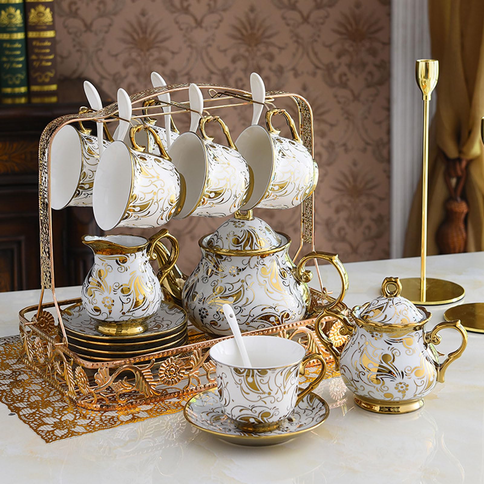 Ceramiczny zestaw filiżanek do kawy, 16-częściowy kreatywny design ze złotą naklejką, zawiera czajniczek, spodki, cukiernicę na popołudniową herbatę i kawę