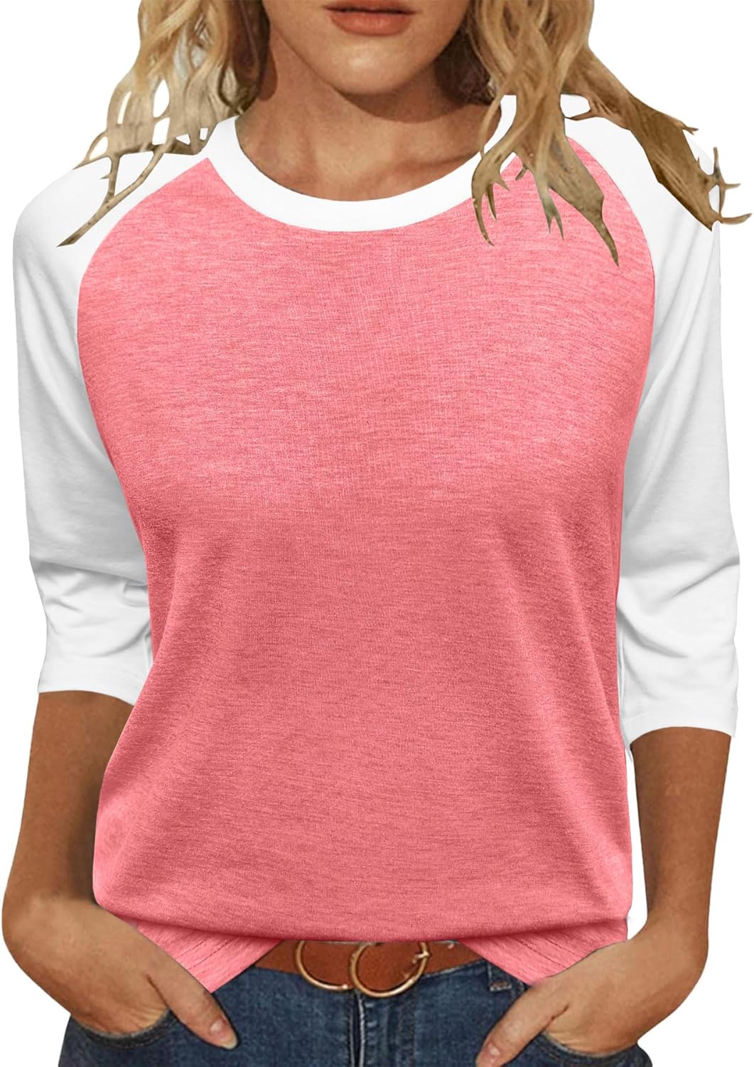 Heymiss Womens Tops 3/4 Sleeve Shirts Round Neck Loose Casual Tshirts Color Block Summer Tees