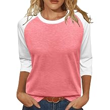 Heymiss Womens Tops 3/4 Sleeve Shirts Round Neck Loose Casual Tshirts Color Block Summer Tees