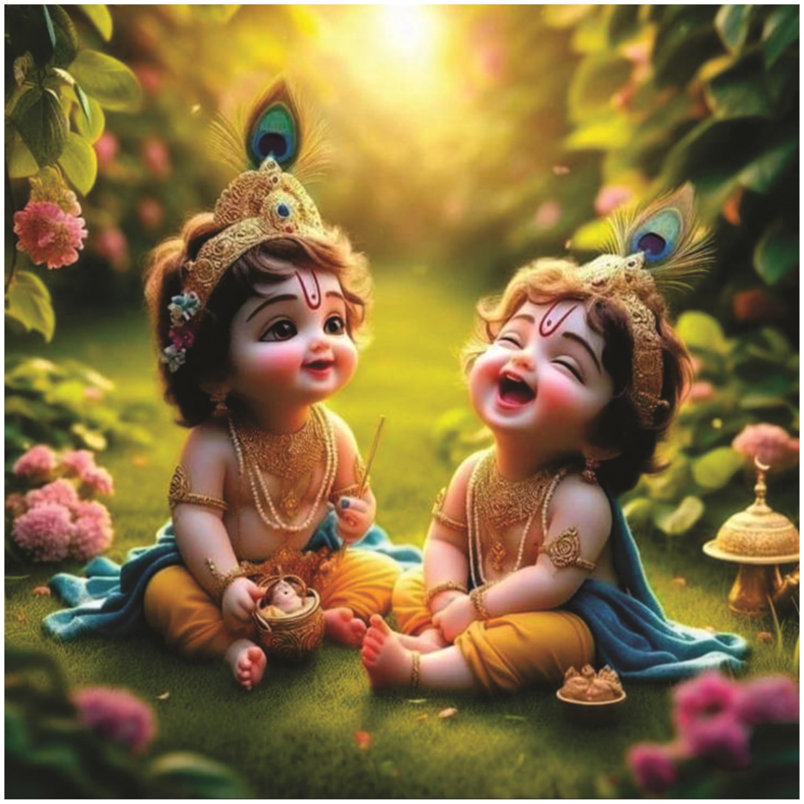 Omdecor Baby Krishna With Barlram God Wall Poster For Pooja Room Living Room Office Size 45Cm X 45Cm