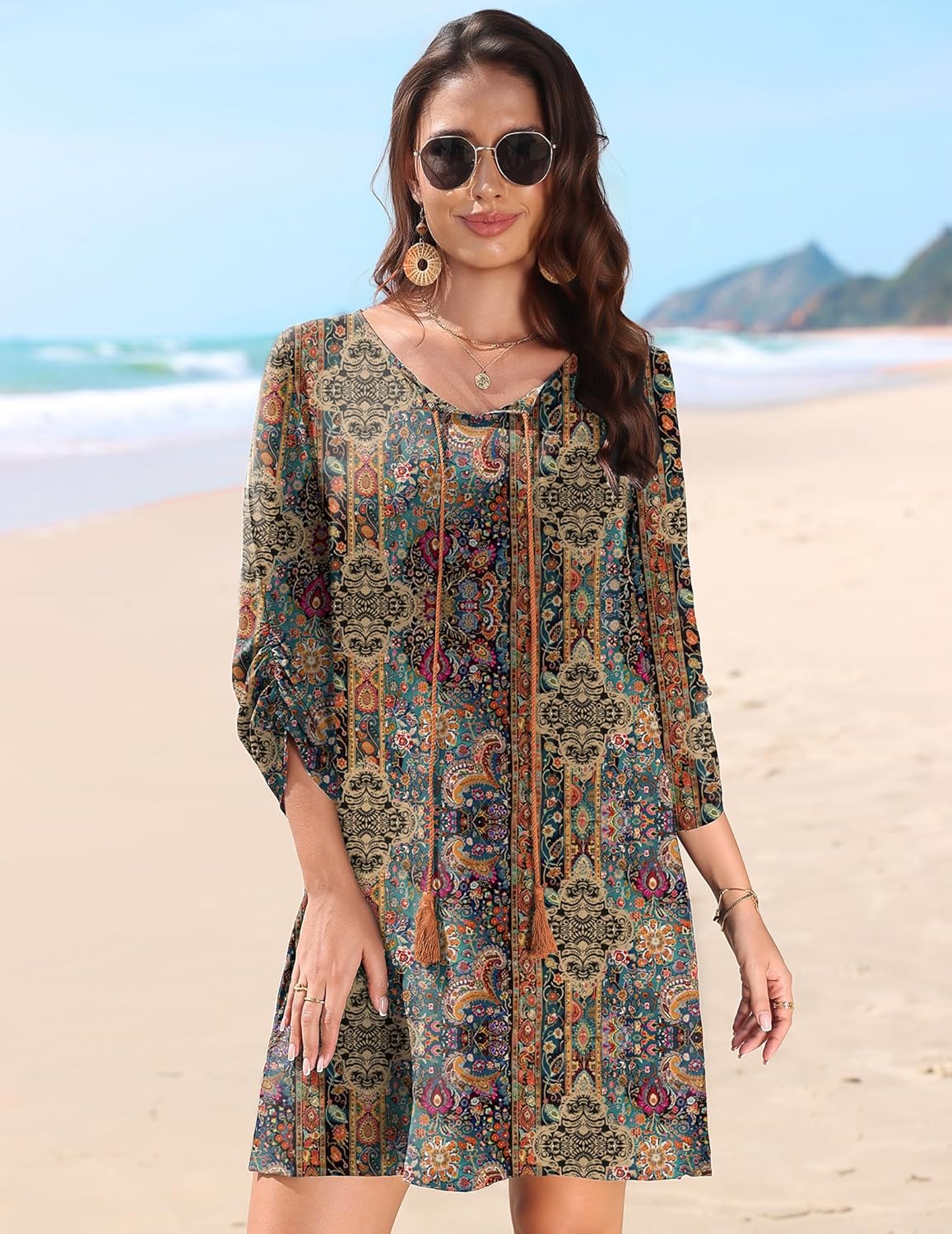 HOTOUCH Women Casual Beach Summer Dress Boho V Neck 3/4 Long Sleeve Short Floral Print Flowy Swimsuit Cover Up Sundress - Image 2