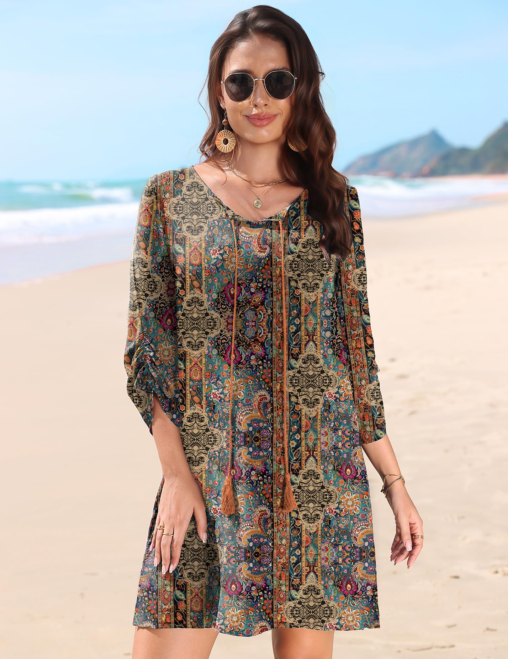 Zeagoo Letnia sukienka damska, sukienka w stylu boho, rękaw 3/4, tunika, sukienka mini, luźna tunika, sukienka na czas wolny