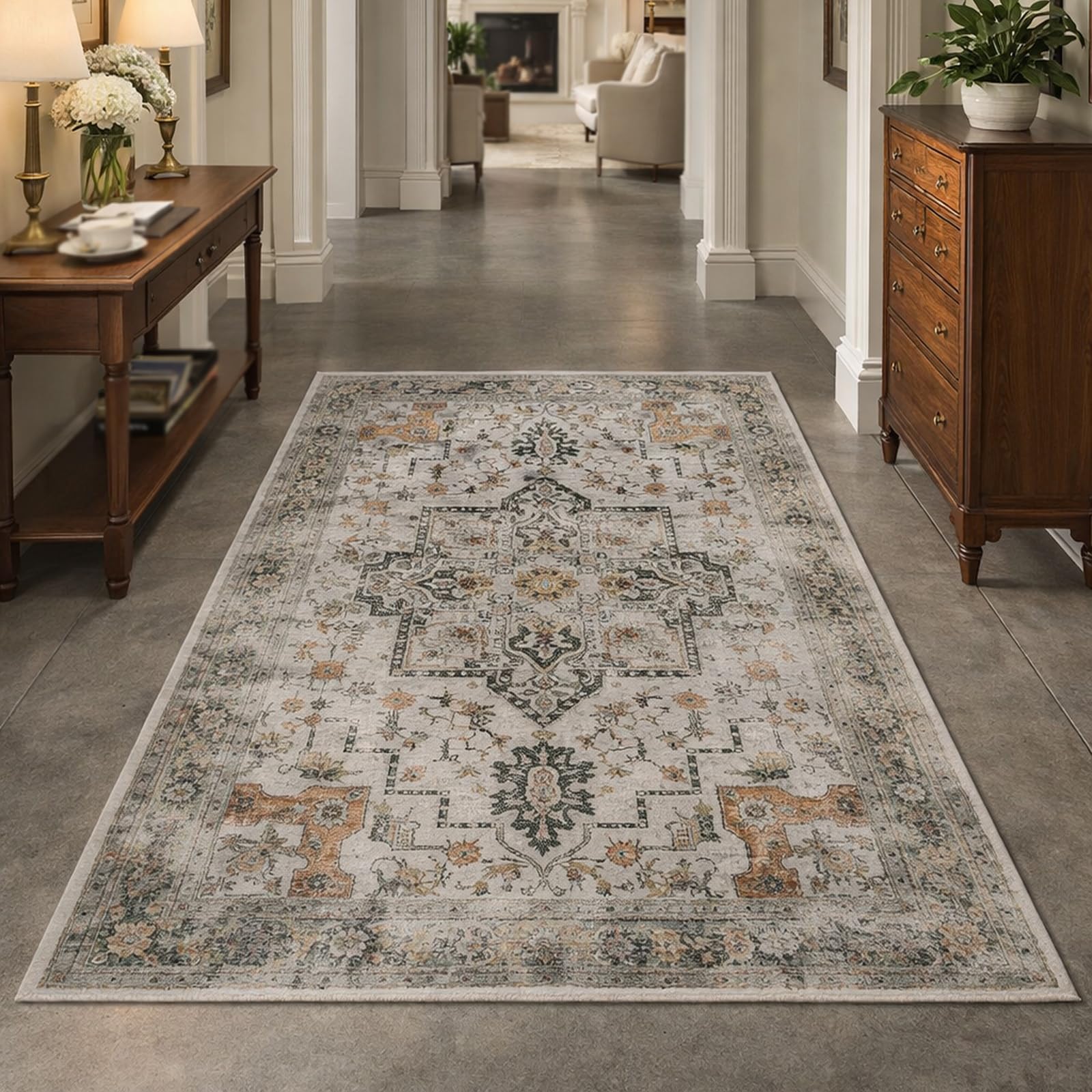 Grand tapis de salon oriental gris et beige lavable 200x280 cm