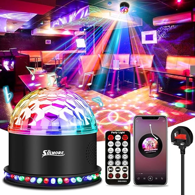 Disco Lights, SOLMORE 54 LEDs Disco Ball Lights with Music Player, 5W RGB Party Stage Lights Sound Activated Automatic Strobe with Remote Control for Kids Birthday Festival Party Bar UK Plug