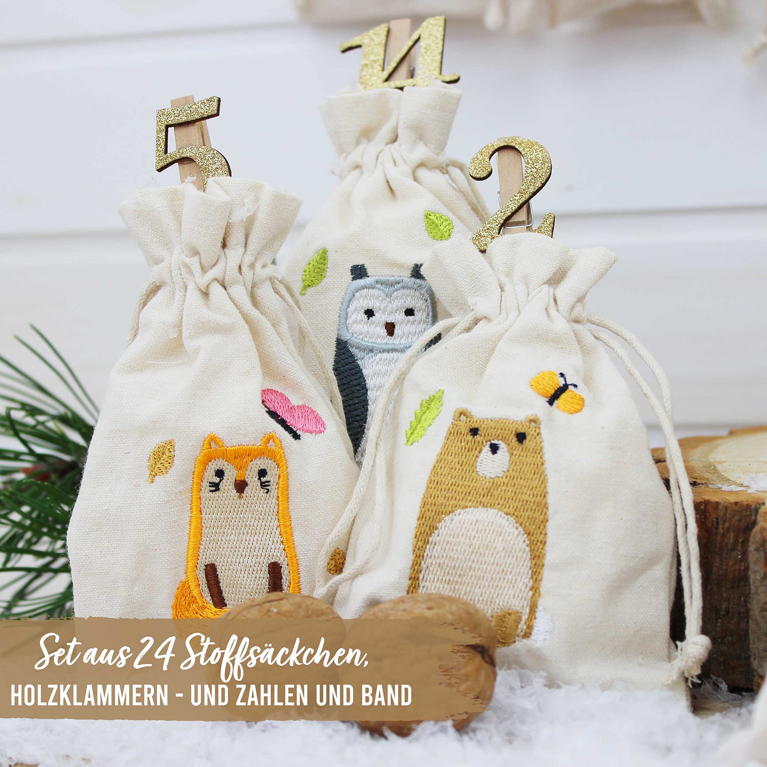 Papierdrachen Adventskalender 2025 - bestickte Stoffsäckchen „Waldtiere“ mit goldenen Holzzahlen - Stoffbeutel zum Befüllen & Dekorieren - Geschenkidee