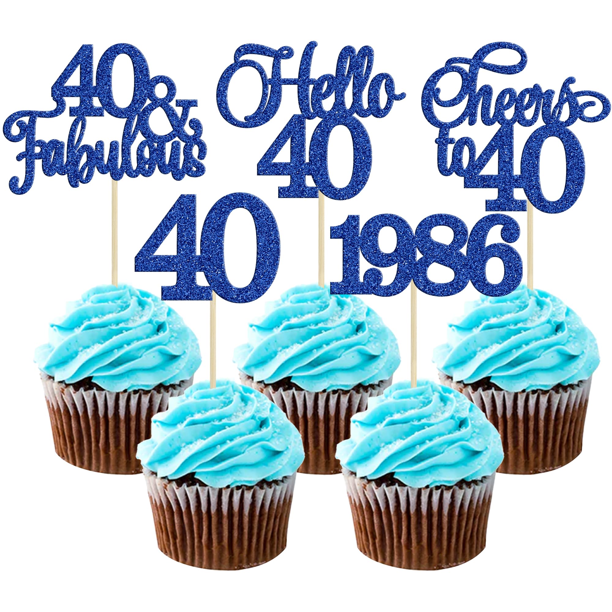 Gyufise 30Pcs 40th Birthday Cupcake Toppers 40 Fabulous Cupcake Picks Cheers to 40 1986 Cake Decorations for Happy 40th Birthday Wedding Anniversary Party Decoration Supplies Blue