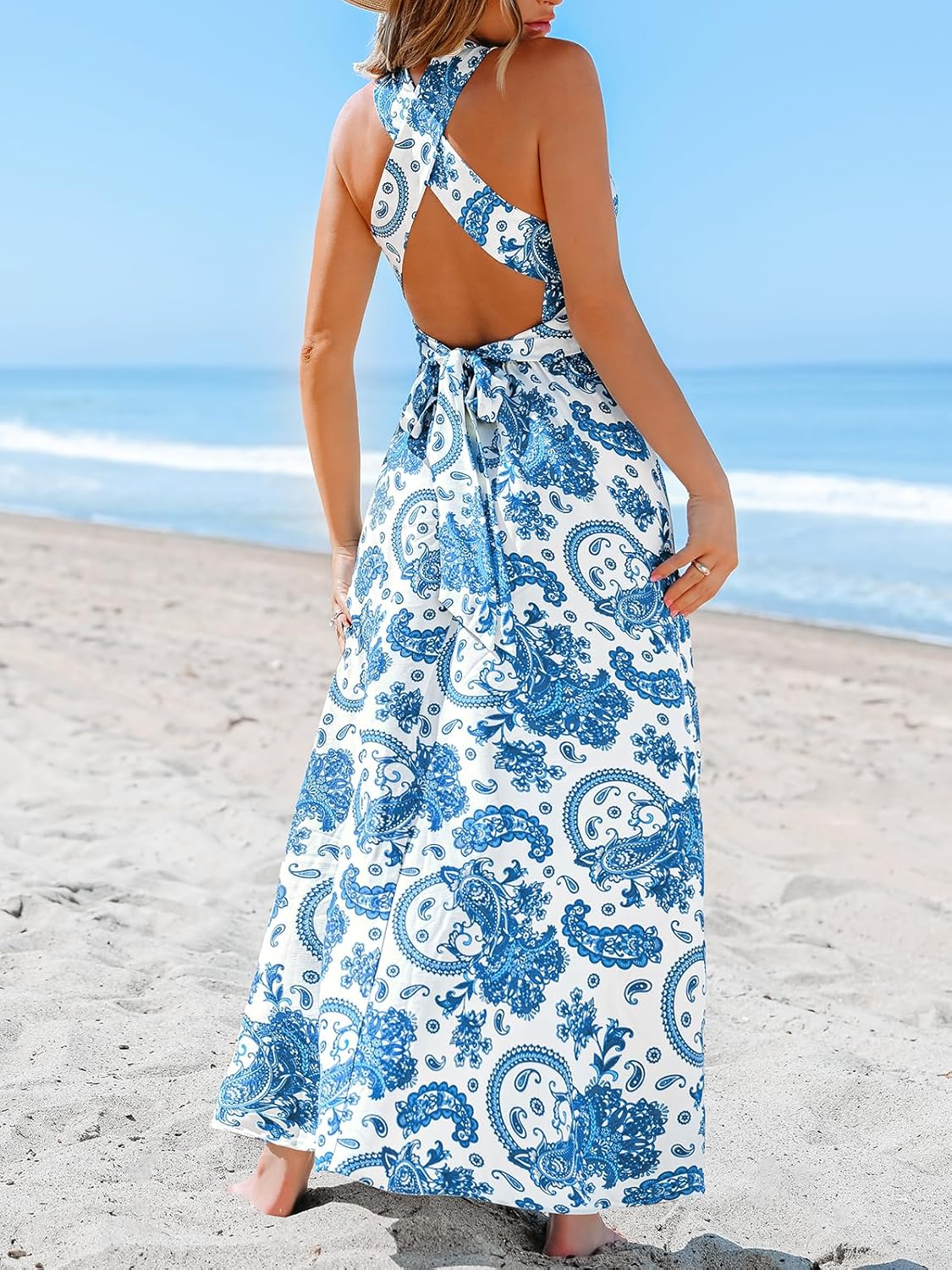 CUPSHE Women's Paisley Summer Dresses Casual Halter Twist Backless Tie Back Smocked Maxi Dress - Image 2