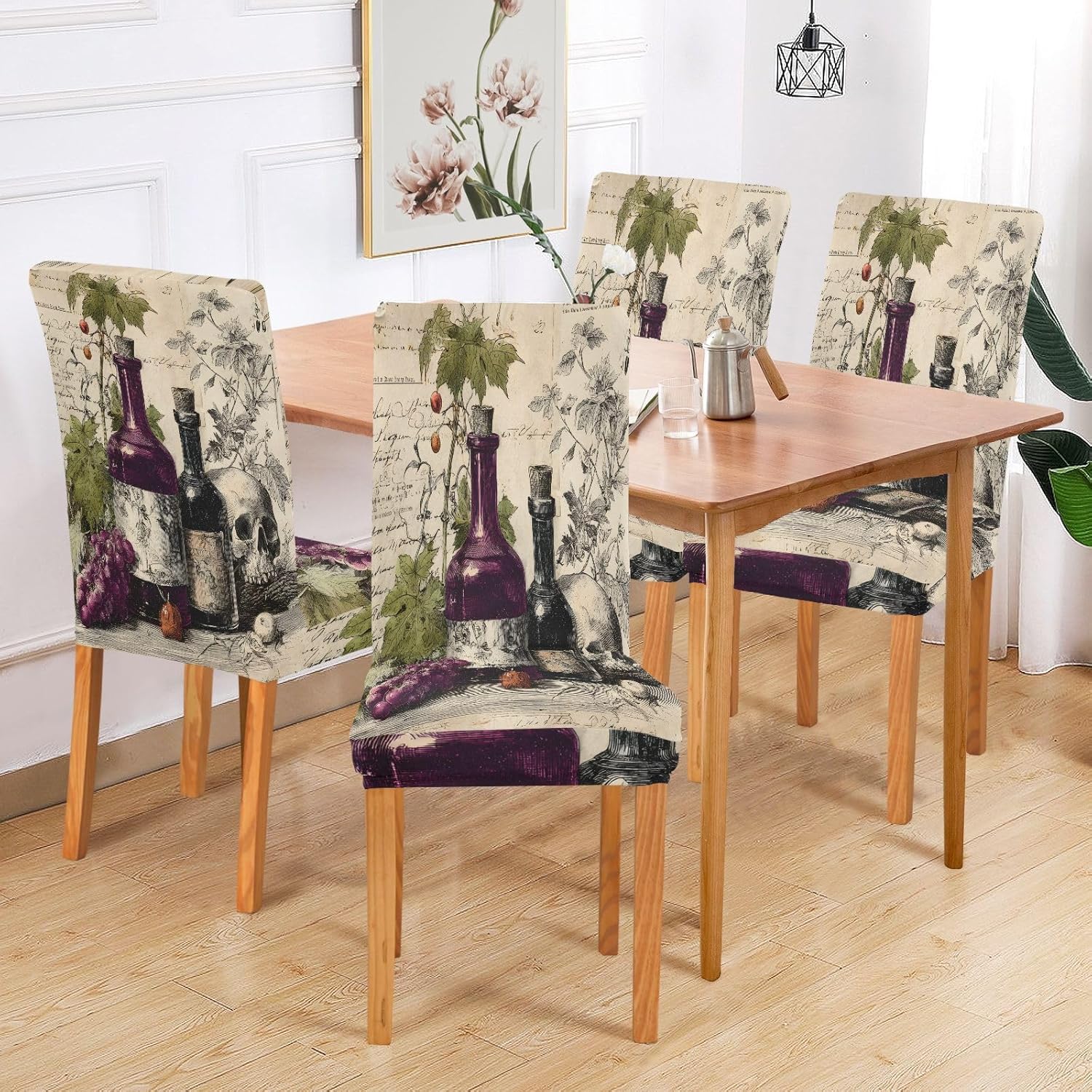 ALAZA Chair Covers for Dining Room, Retro Wine Bottle Skull Stretch Chair Cover Sets Chair Protector Removable Washable for Ktichen Restaurant Hotel