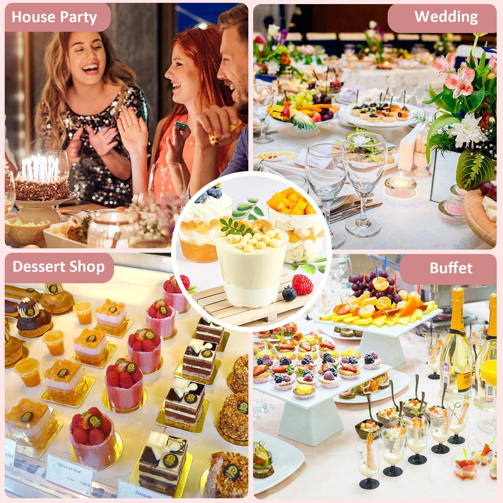 50 Vasos de Postre Transparentes Redondos 200ml con Tapas, Cucharas y 20 Adornos de Chispas - Reutilizables para Pudín, Mousse, Helado, Fiestas