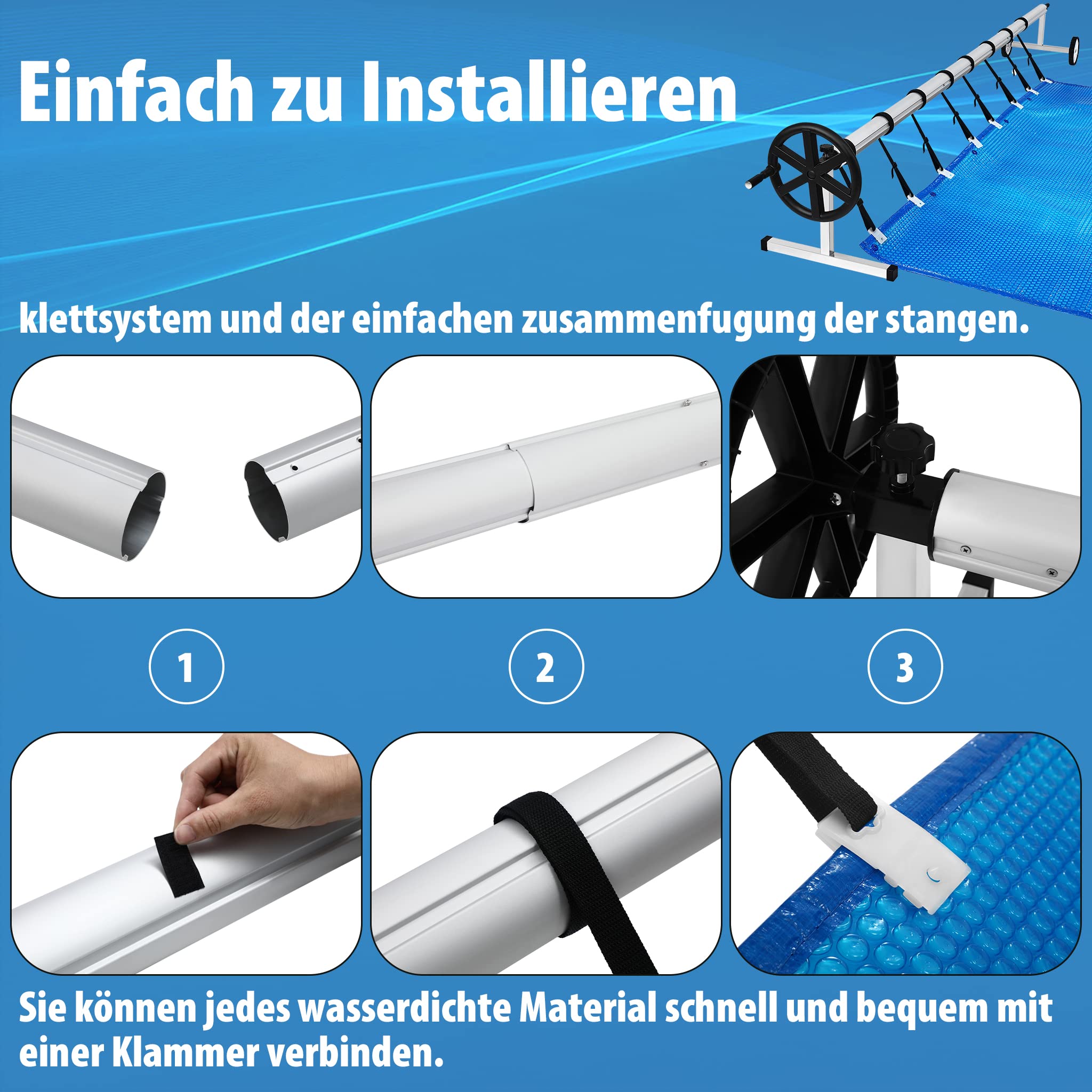 YUENFONG Sistema Enrollable móvil de Acero Inoxidable para Lona Solar, Lonas de Piscina, Enrollable móvil Ajustable, con Ruedas y Correas, Material Resistente a la Intemperie (3m-5,70m)