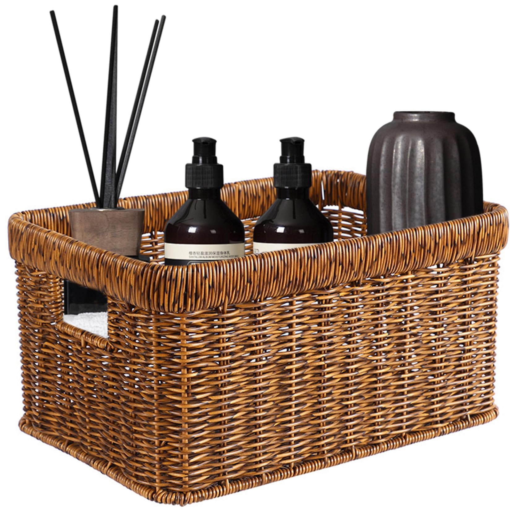 Cesta de almacenamiento de mimbre tejida para organizar la cocina, despensa y baño