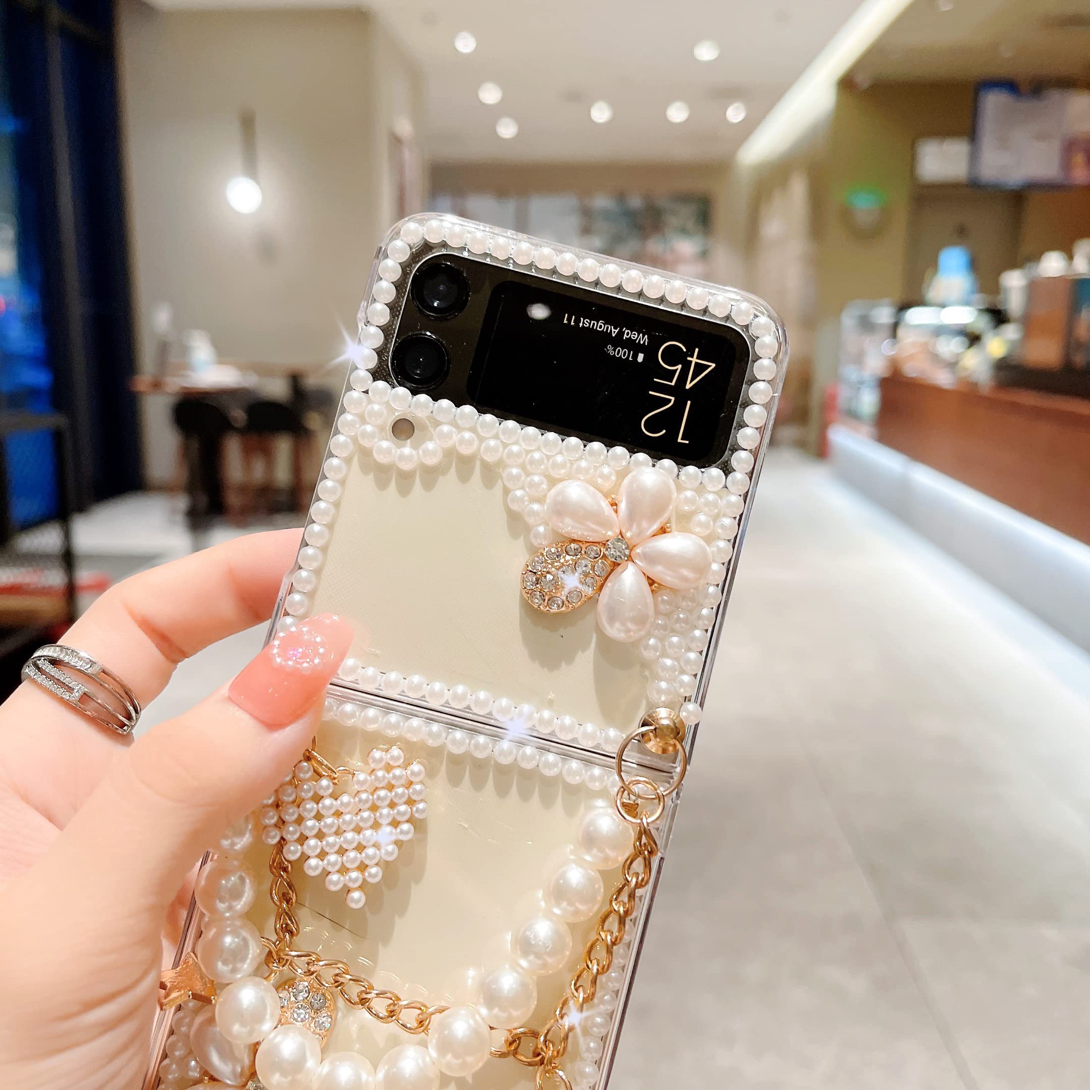 CrazyLemon Custodia per Samsung Galaxy Z Flip 4 5G, Perle Scintillanti Cristallo Lucido Fiore Brillare 3D Stones Custodia Protettiva Galaxy Z Flip 4 5G Custodia per donne e Ragazze