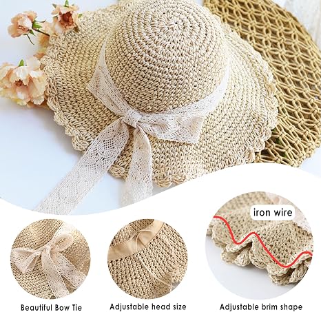 Chapeau De Paille Pliable Pour Femme Badaren - Chapeau Soleil UV Protection Avec Sangle Dentelle Et Cordon Réglable