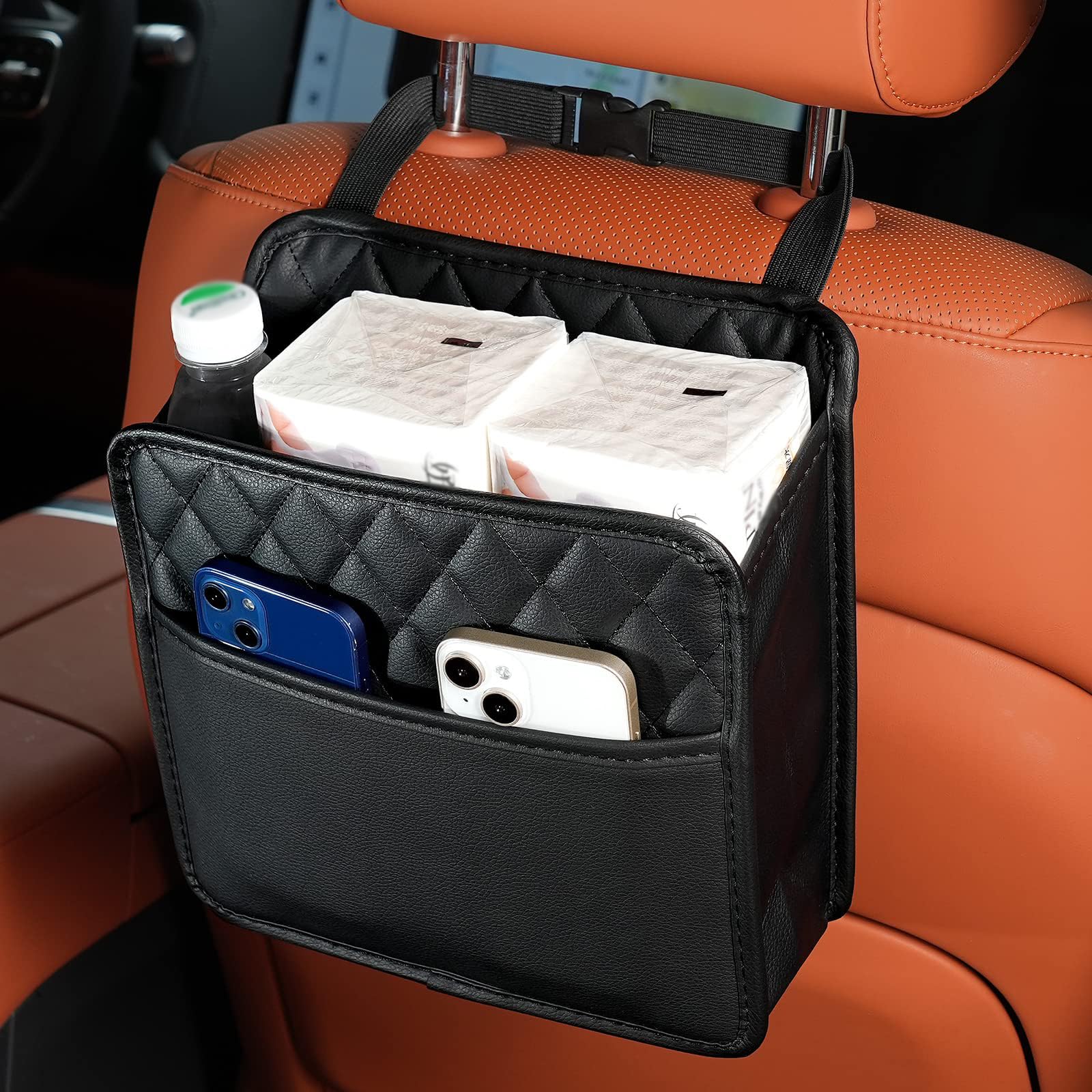 CSPYBGXOF Car Seat Organizer for OMODA 9 PHEV/SHS C9 PHEV 2025+, PU Leather Hanging Car Storage Bag,Foldable Waterproof Car Trash Can,Interior Storage Accessories
