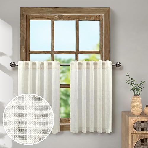 Pitalk Natural Linen Curtains for Kitchen - Ivory Cream Colored Semi Sheer Light Filtering Cafe Curtains for Bathroom Cabinet Kids Nursery Bedroom Laundry Window, Width 42 x 36 Inches Long, 1 Pair
