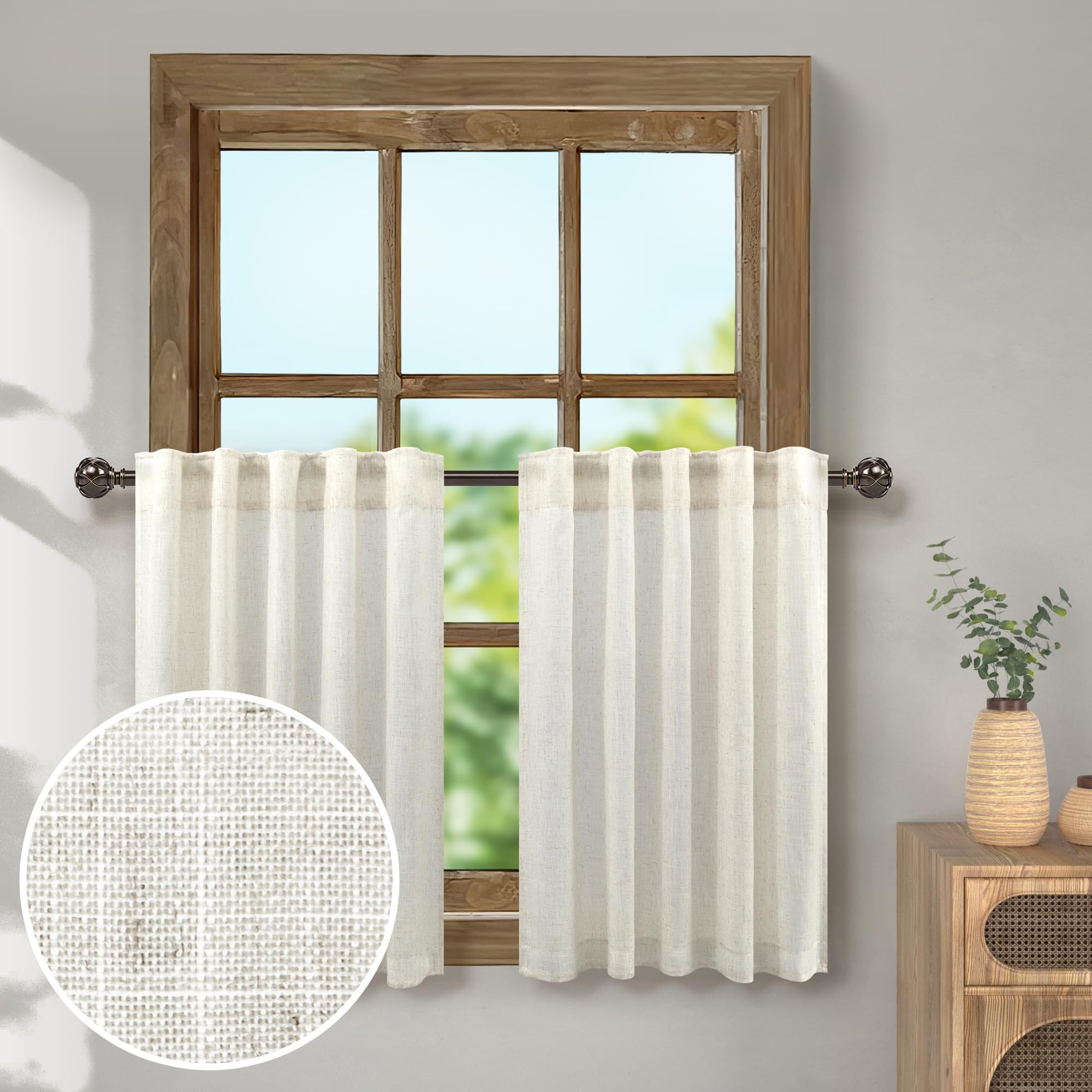 Photo 1 of Pitalk Natural Linen Curtains for Kitchen - Ivory Cream Colored Semi Sheer Light Filtering Cafe Curtains for Bathroom Cabinet Kids Nursery Bedroom Laundry Window, Width 42 x 36 Inches Long, 1 Pair