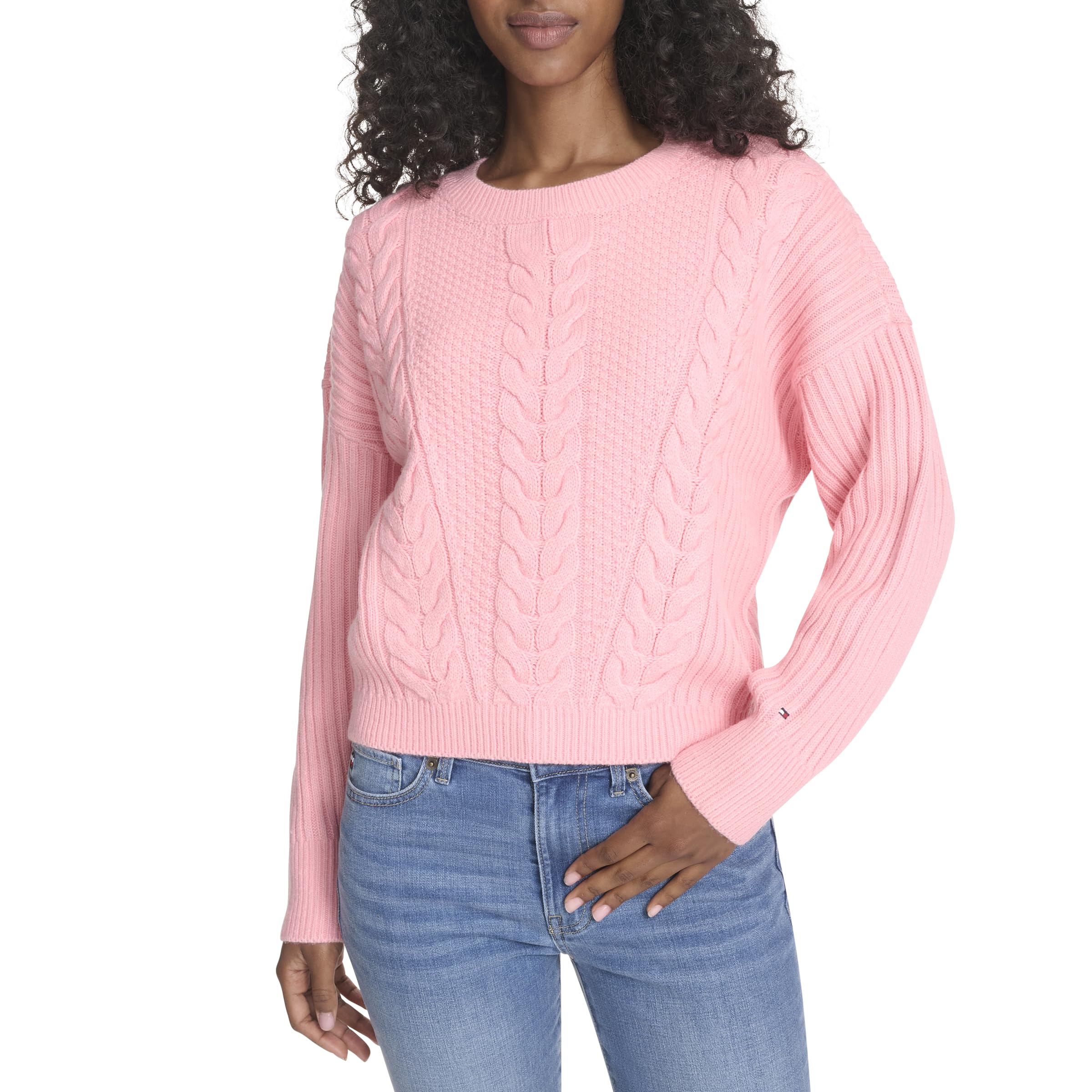 Tommy Hilfiger Women's Solid Cable Crewneck Bobbi Pullover Sweater, English Rose, XL