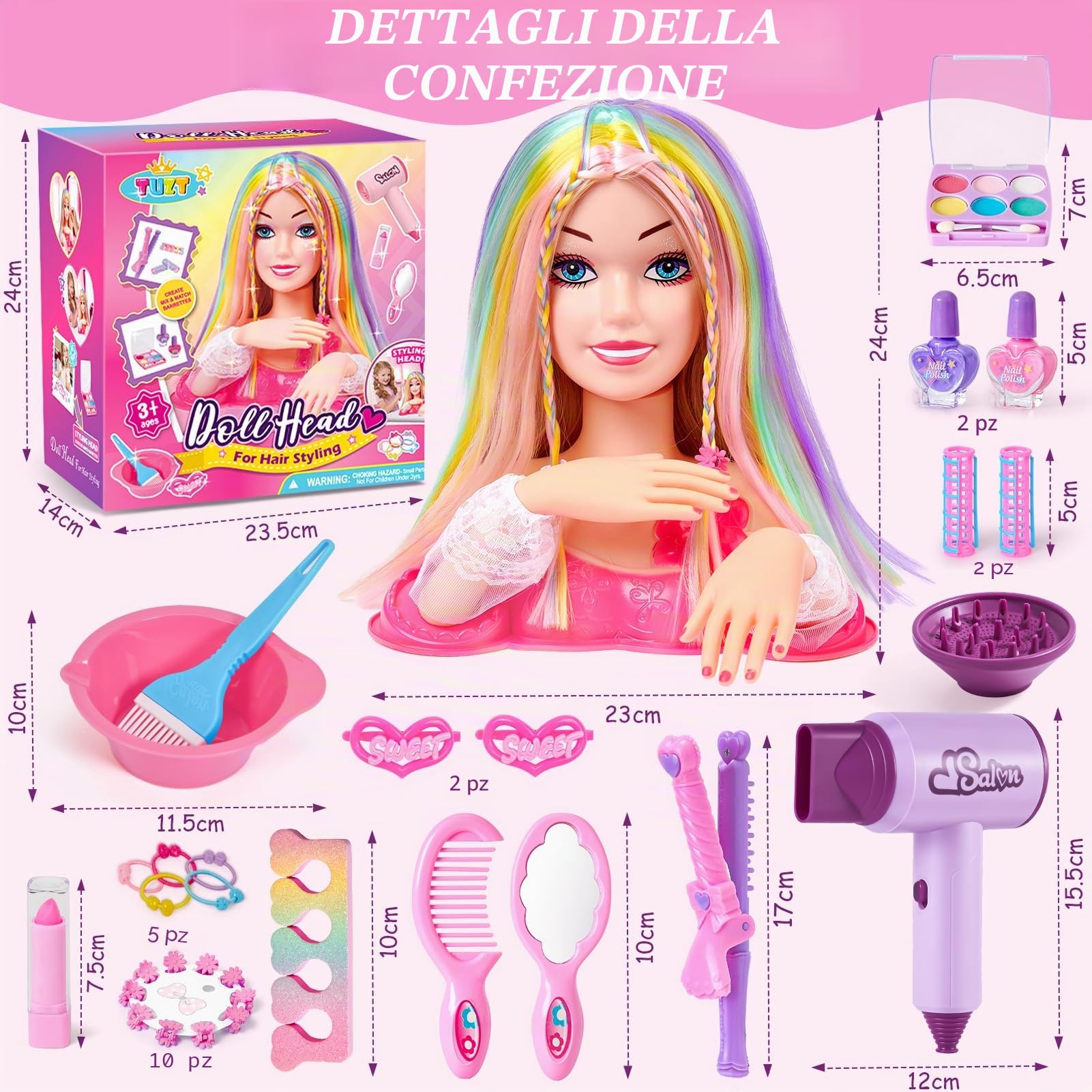 vamei Testa Bambola da Truccare e Pettinare, Set Parrucchiera con Asciugacapelli Smalto Unghie Trucchi e Accessori per Capelli, Giocattoli Salone Giochi Bambini Regalo Bambina 3 4 5 6 7 8 Anni