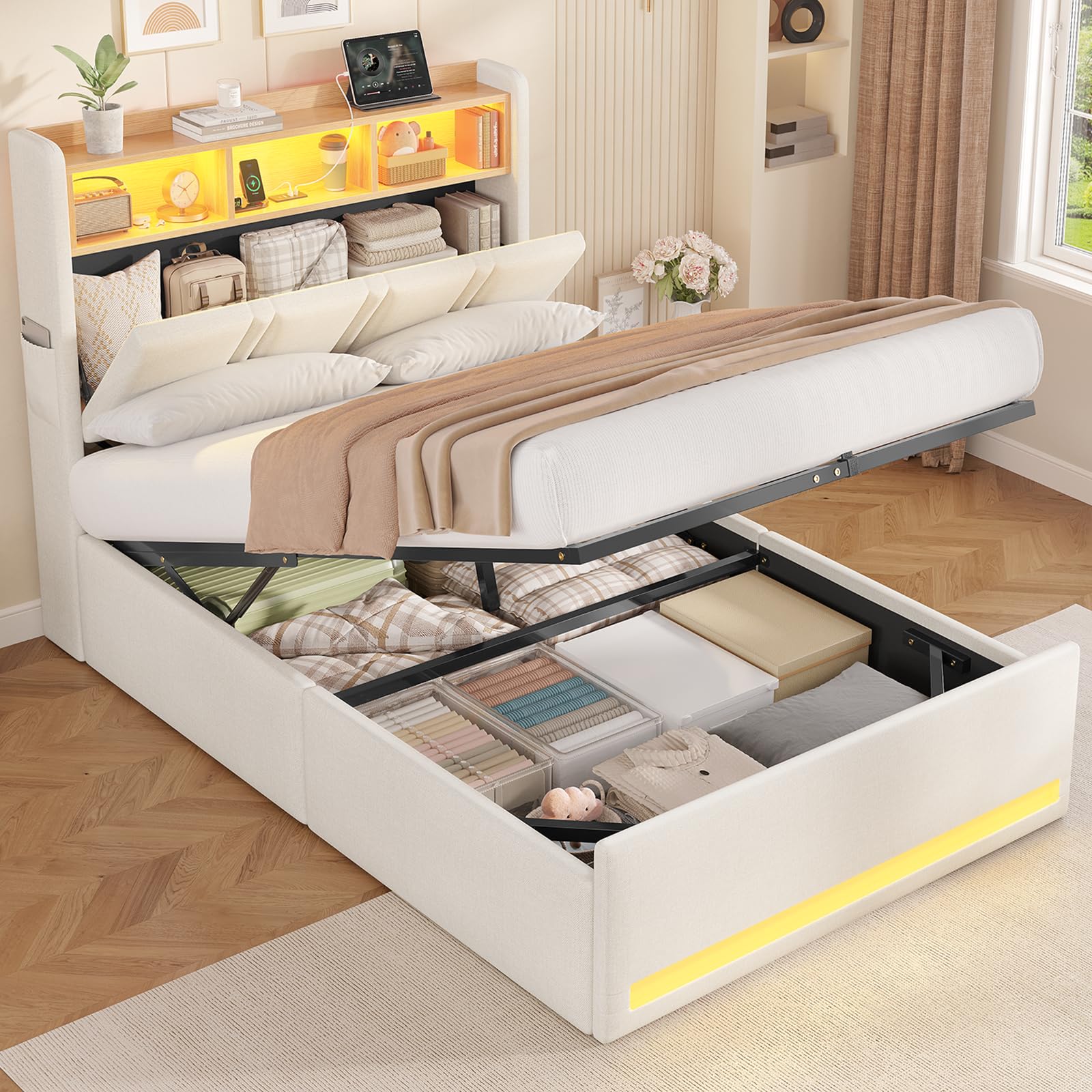 AOGLLATI Letto Singolo con Contenitore Idraulico 90x200 cm, Letto Singolo Imbottito con Ampio Spazio di Stivaggio, Struttura Letto Contenitore con Luci a LED Regolabili e Stazione di Ricarica, Beige