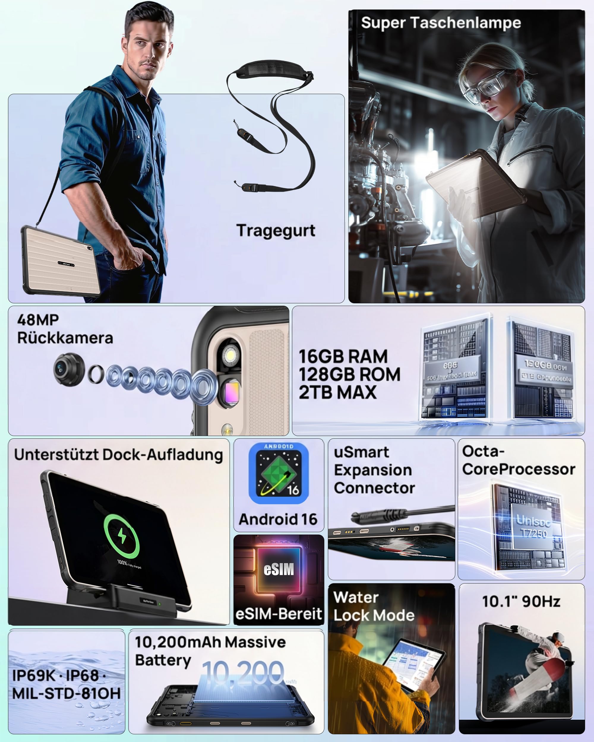 Ulefone Rugking Pad 2 Pro Outdoor Tablet Android 16, eSIM 16+128GB/2TB 10200mAh Rugged Tablet 10.1" 8+48MP Tablet 90Hz IP68/IP69K Wasserdicht Stoßfest, Dual SIM 4G/2.4G/5G WiFi/GPS/NFC/OTG Grau - 3