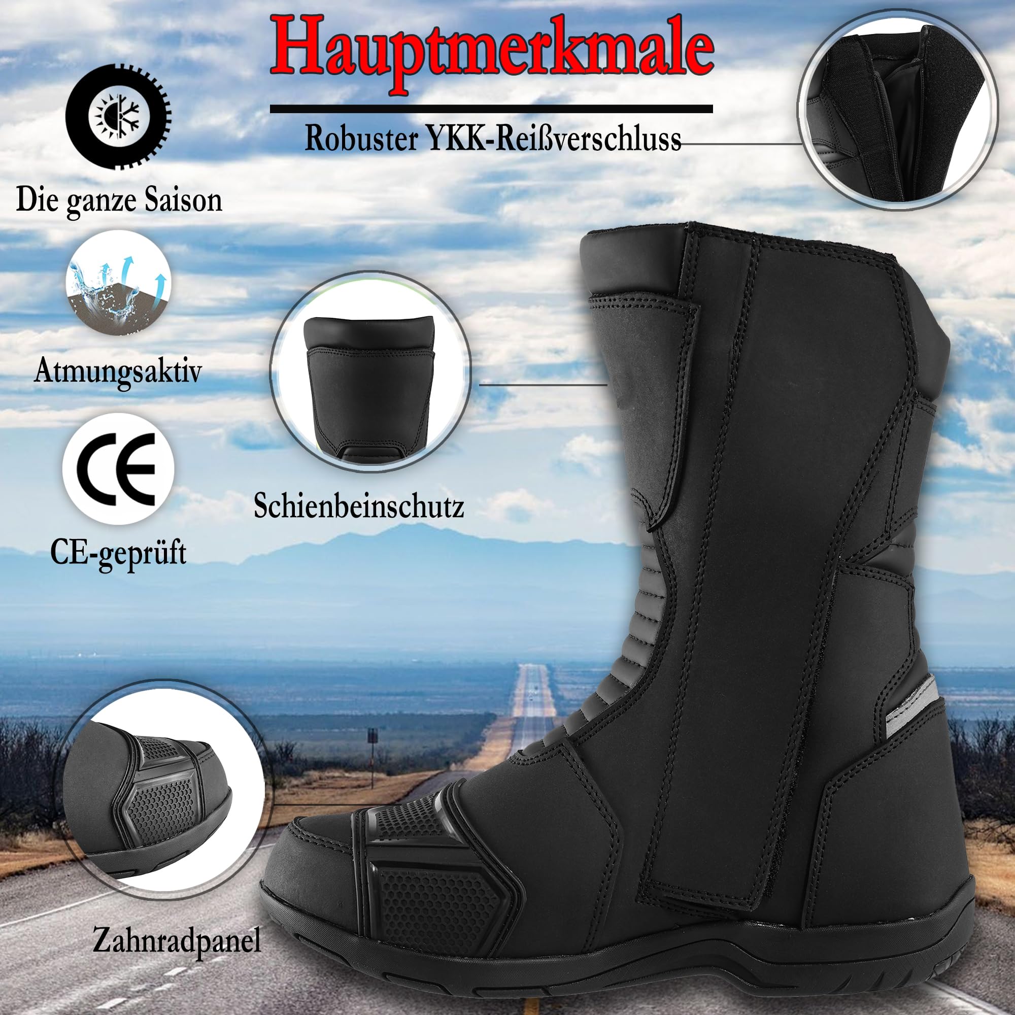 Motorradstiefel für Herren, wasserdicht, verstärkt und leicht, rutschfeste Gummisohle, Knöchel- und Fersenschutz, CE-reflektierende Details