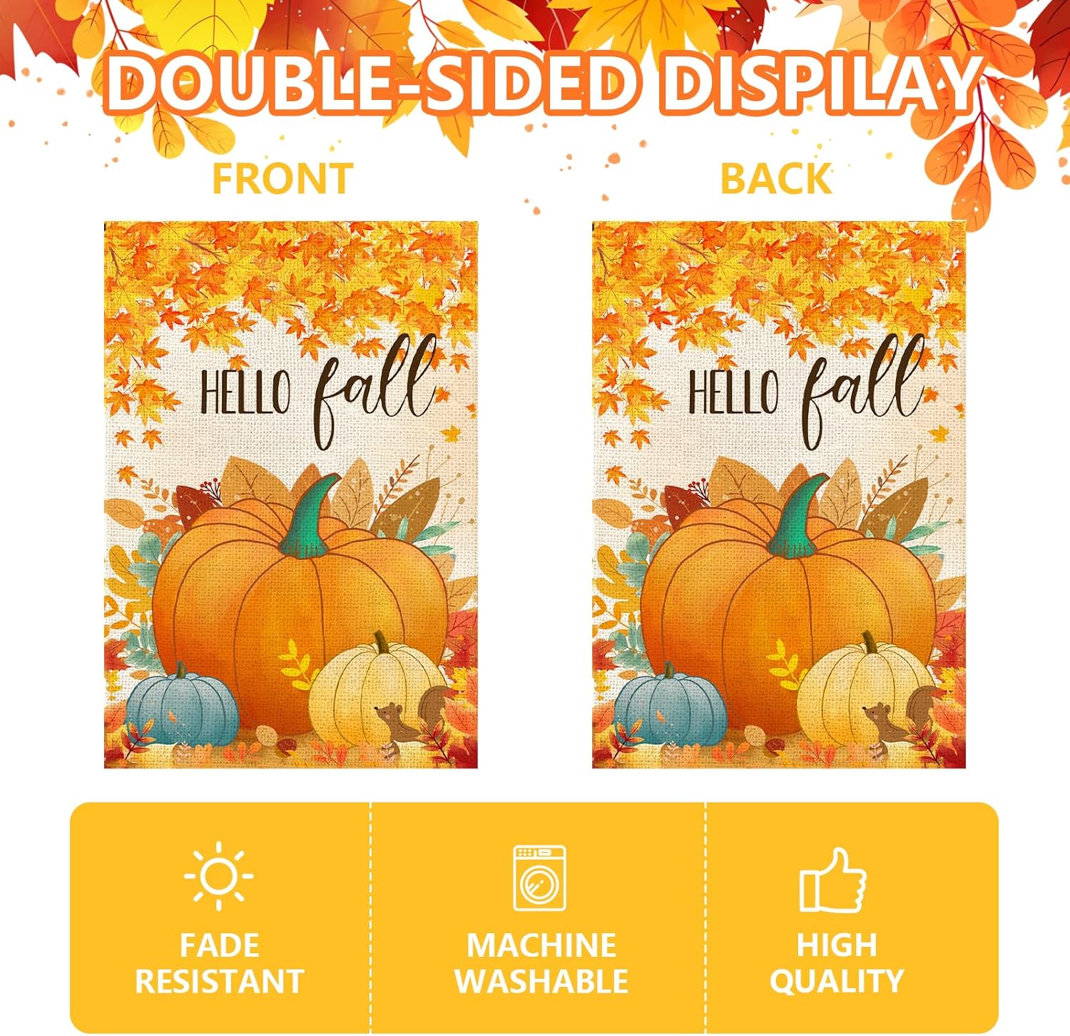 Hello Fall Pumpkin Leaf Garden Flag 12x18 Inch, Double Sided Autumn Thanksgiving Holiday Burlap Yard Flag for Outdoor Decoration - Image 6
