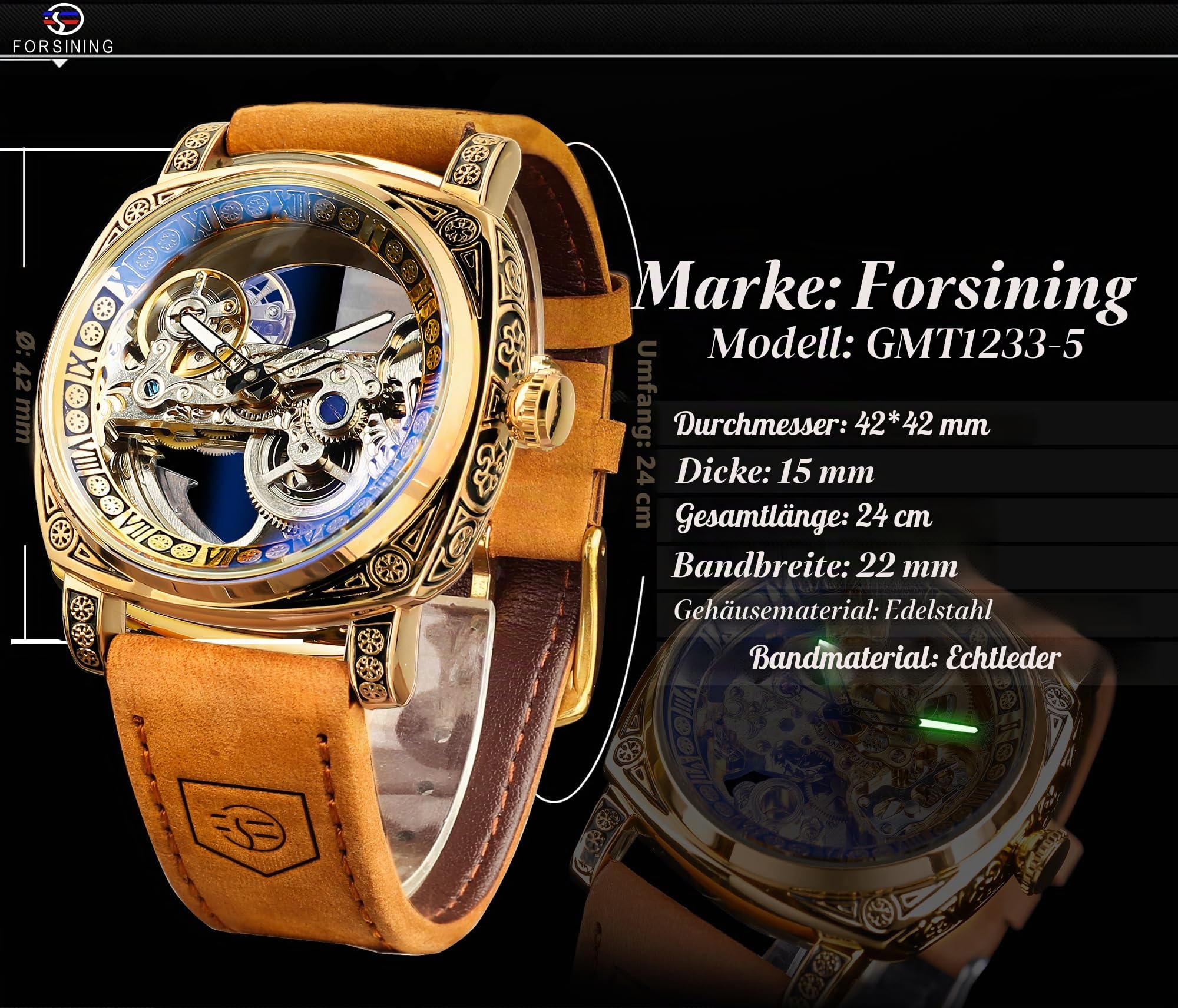 FORSINING Fancy Uhren für Männer, quadratische Retro mechanische Uhr Self-Wind geschnitzt, Gear Uhrwerk Golden Skelett Automatische Uhren Vintage Lederarmband Armbanduhr