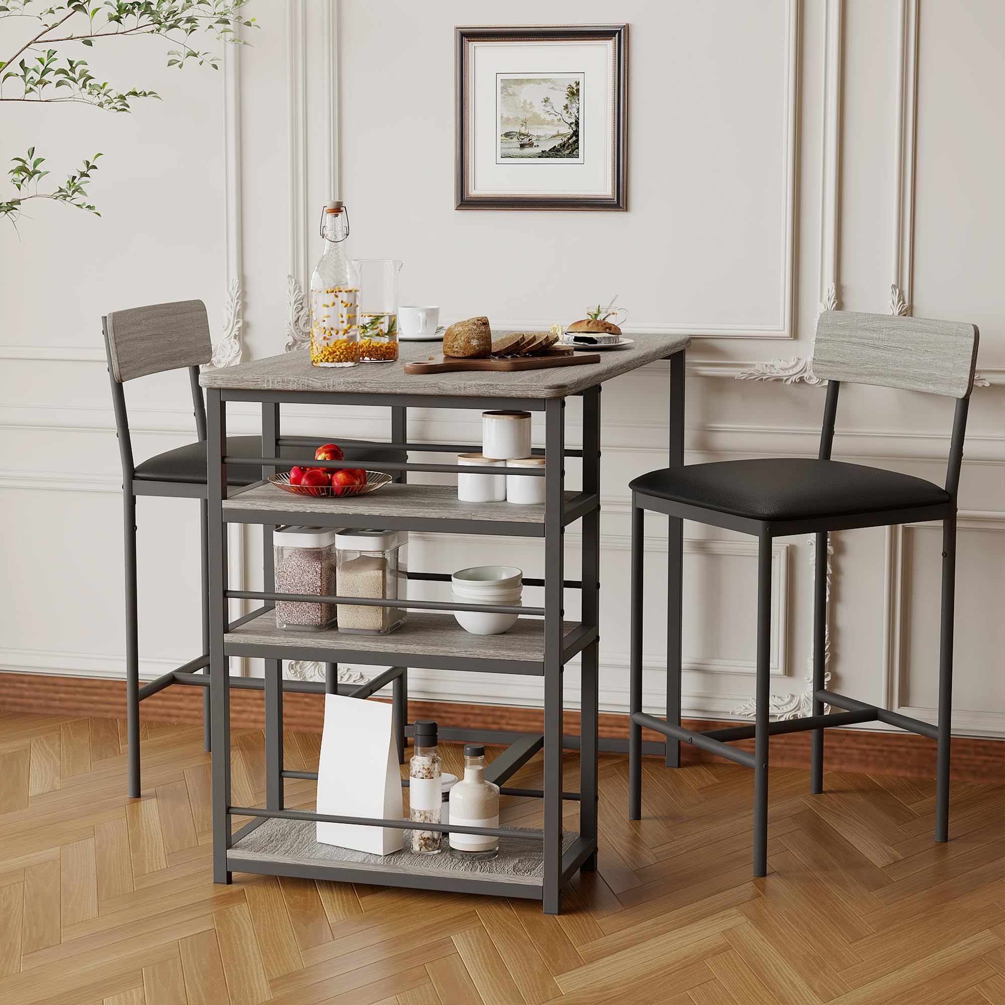 Conjunto Mesa y Sillas Comedor de Bar con Estantes, 1 Mesa y 2 Sillas,Gris