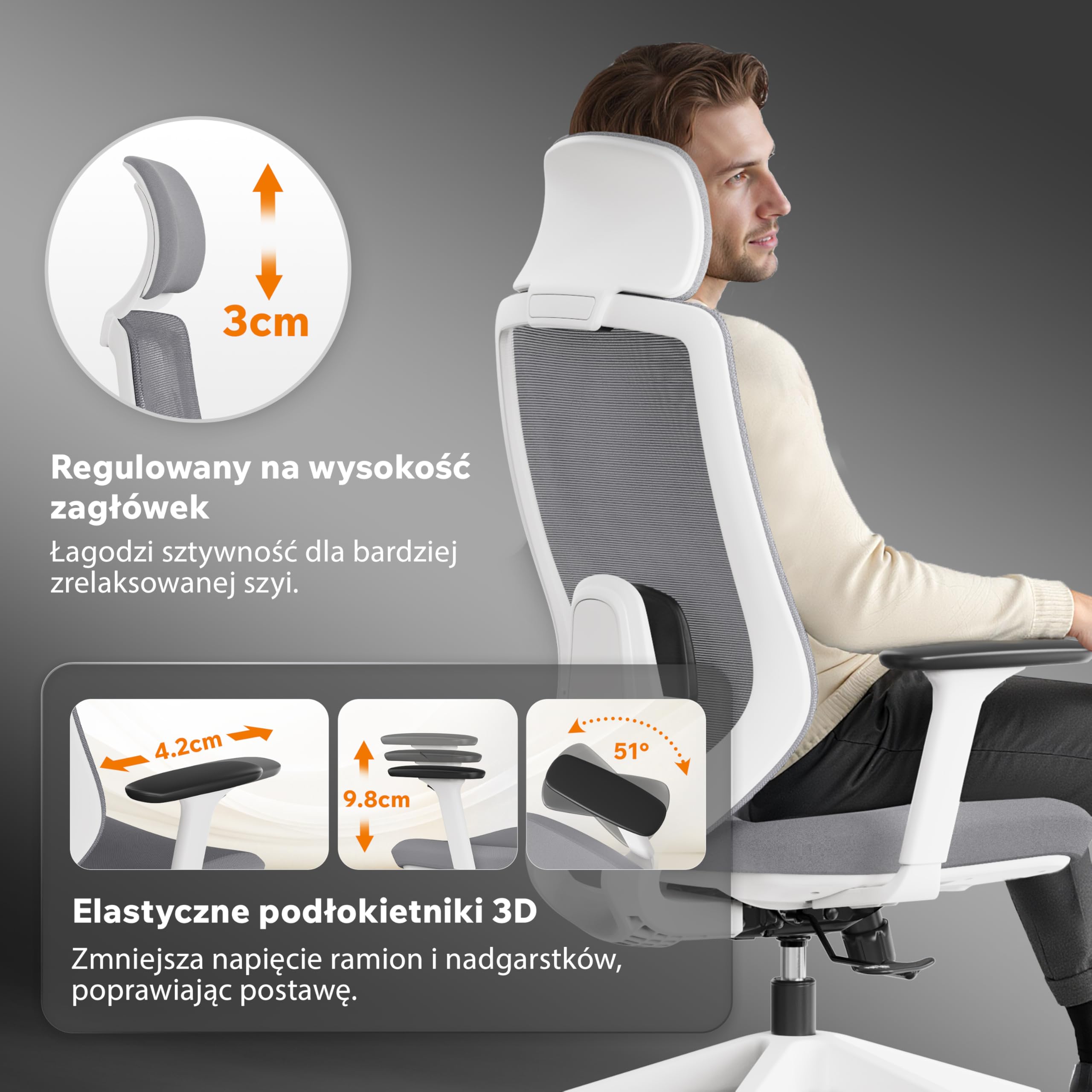SENSE7 Fotel Biurowy Gamingowy Ergonomiczny Krzesło Obrotowe Biurowe Regulowany dla Home Office Graczy do 150kg Oddychająca Tkanina Zagłówek z Podparciem Podłokietnikami 3D - NAKAI Biało Szary