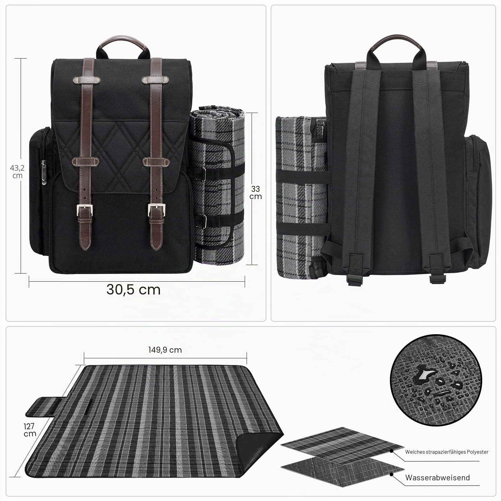 Picknick-Rucksack für 2 Personen mit großer isolierter Kühltasche, Picknickkorb-Set mit Weinbeutel, Party, Hochzeitsgeschenk für Paare. 2P-Schwarz