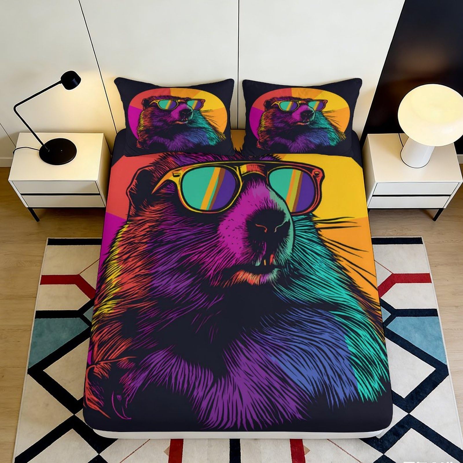 3D Printed Cool Beaver Sunglasses Fitted Sheet Microfiber Colourful Animal Bed Cover for Bedroom Dorm Mattress Decor 180x200x25cm