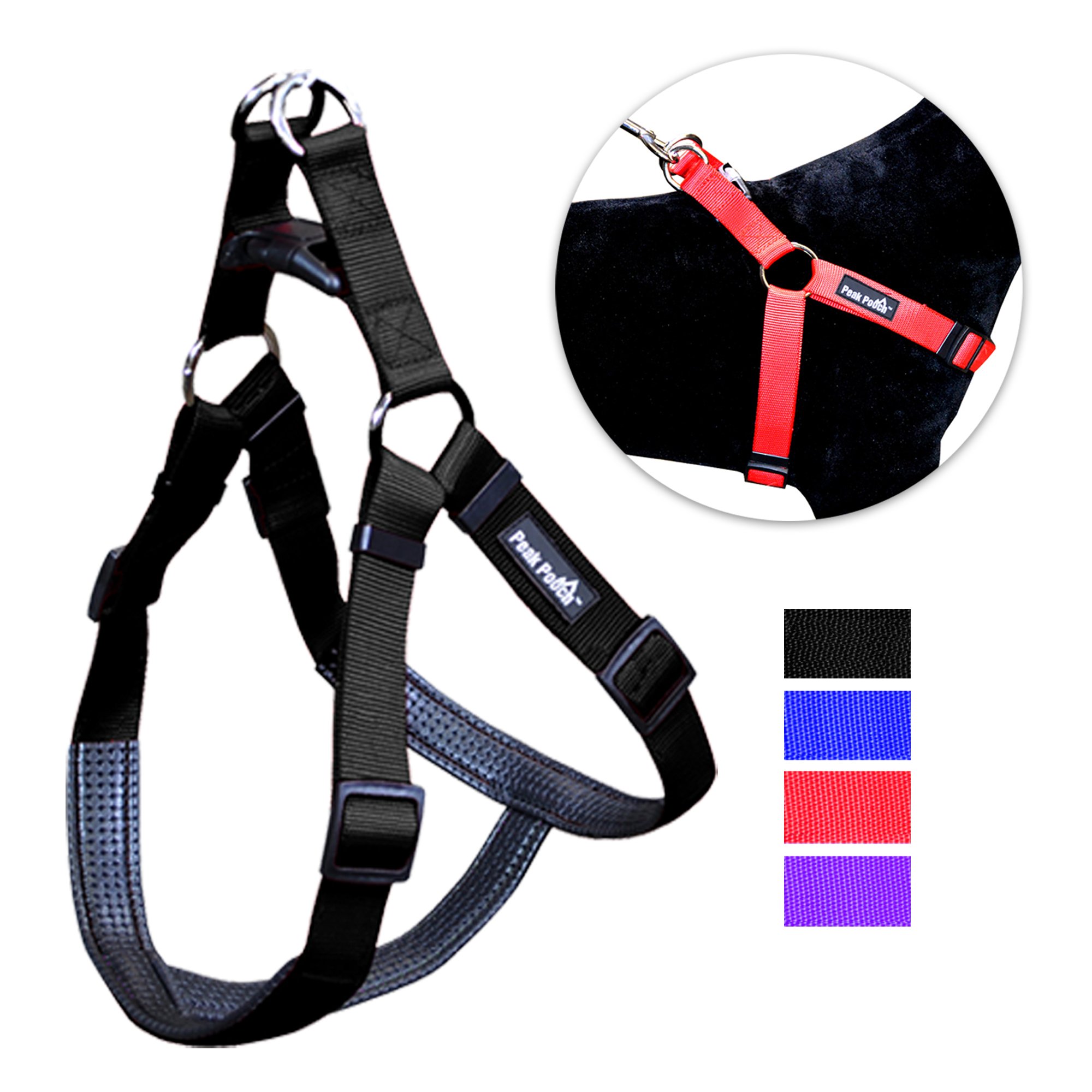 Peak Pooch - No-Pull Large Dog Harness - Padded, Step in Dog Harness - Comfort Nylon Dog Harness with Metal Rings for Dog Leash Attachment - L - Black Dog Harness