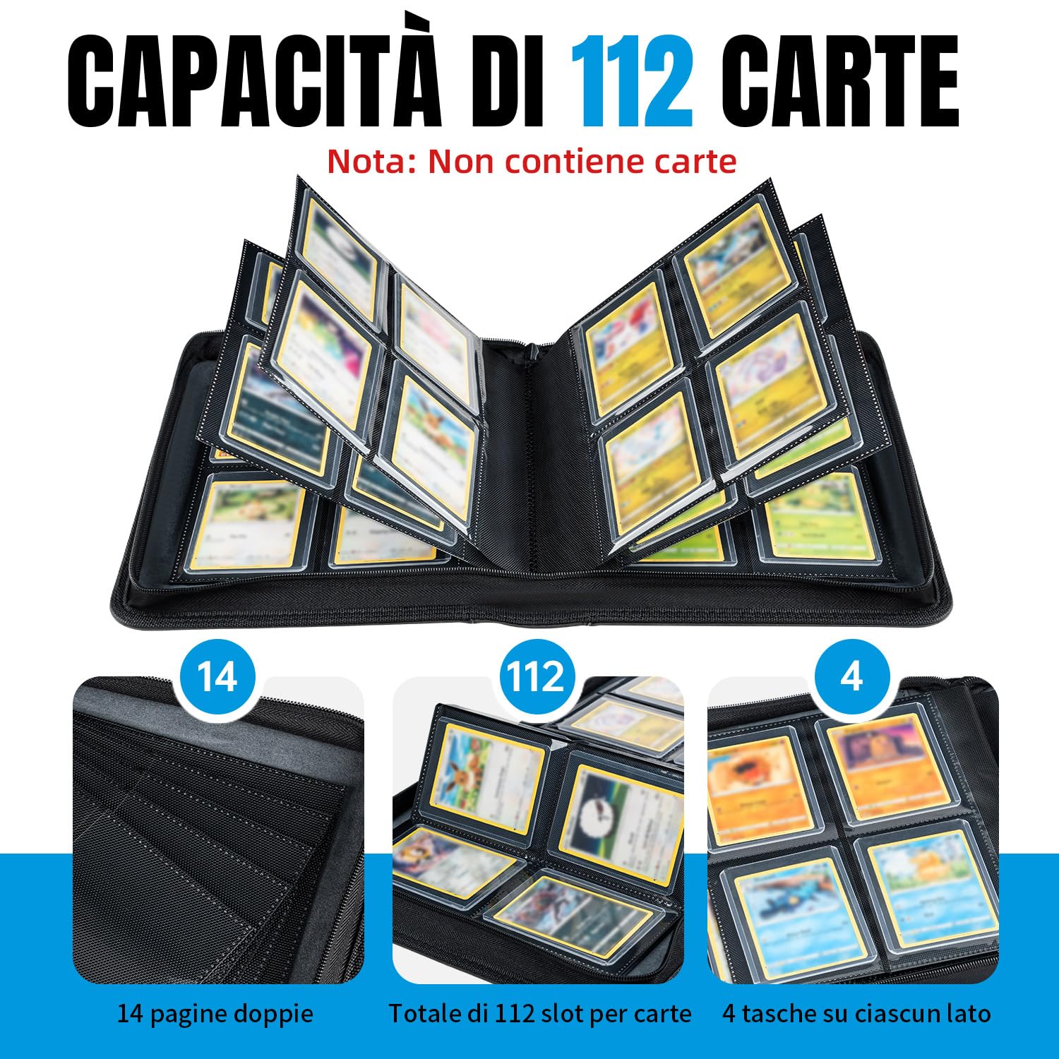 Toploader - Album per carte da collezione 112 Top loader con 4 scomparti, 10 pezzi 35PT Toploader, raccoglitore per TCG, MTG, album di collezione, colore: nero