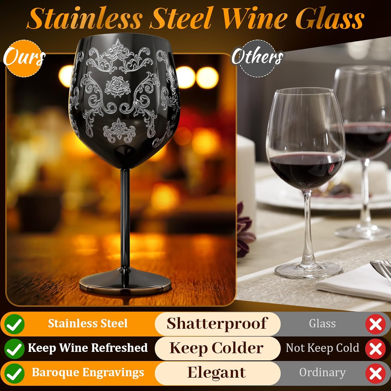 Lifecapido Stainless Steel Wine Glasses Set of 2, 18oz Etched Black Wine Goblets, Unique Wine Glasses with Intricate Baroque Engravings for Party Wedding Anniversary - Image 7