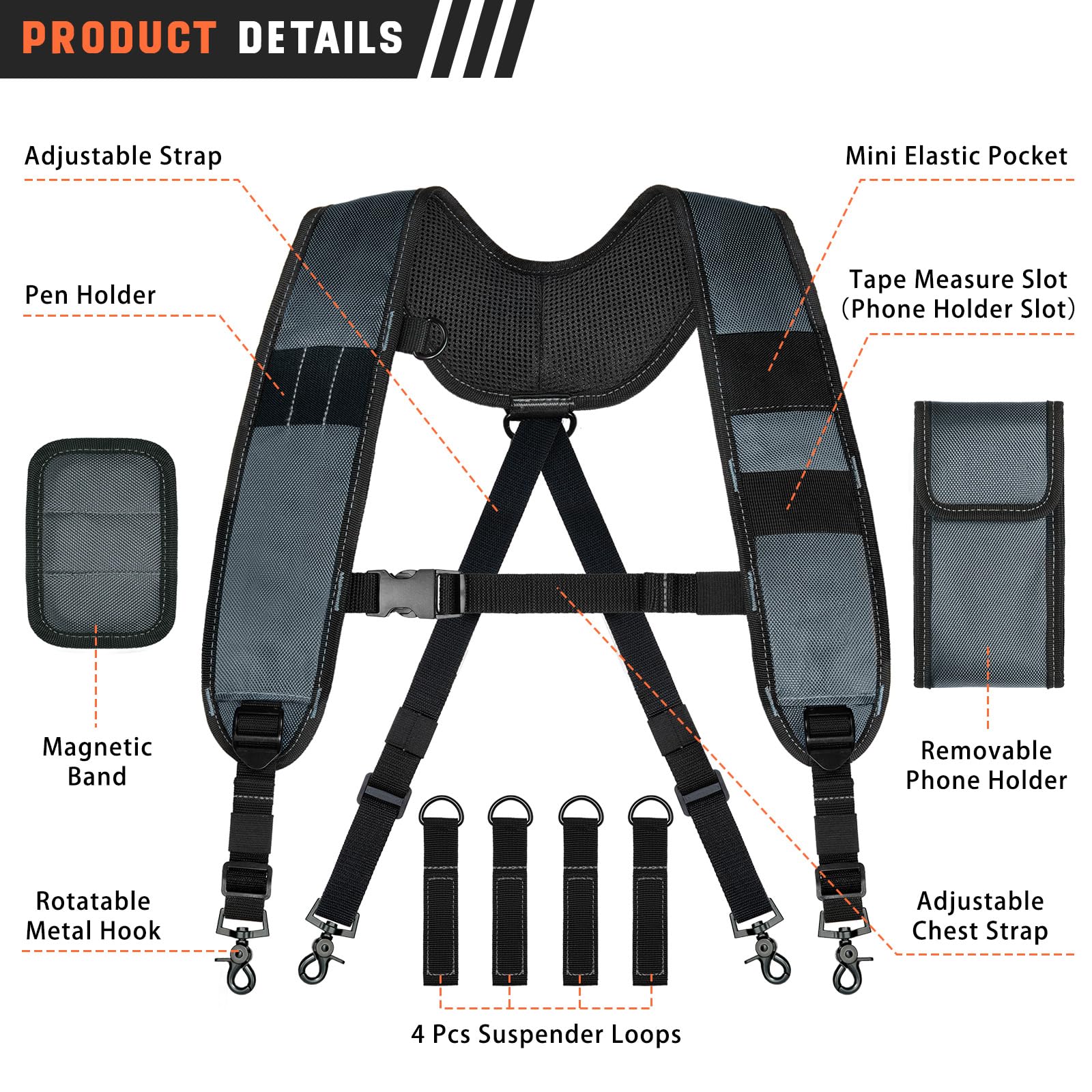 Ceinture porte-outils pour homme avec 4 boucles de fixation, porte-jarretelles de travail très résistantes, bleu, Medium