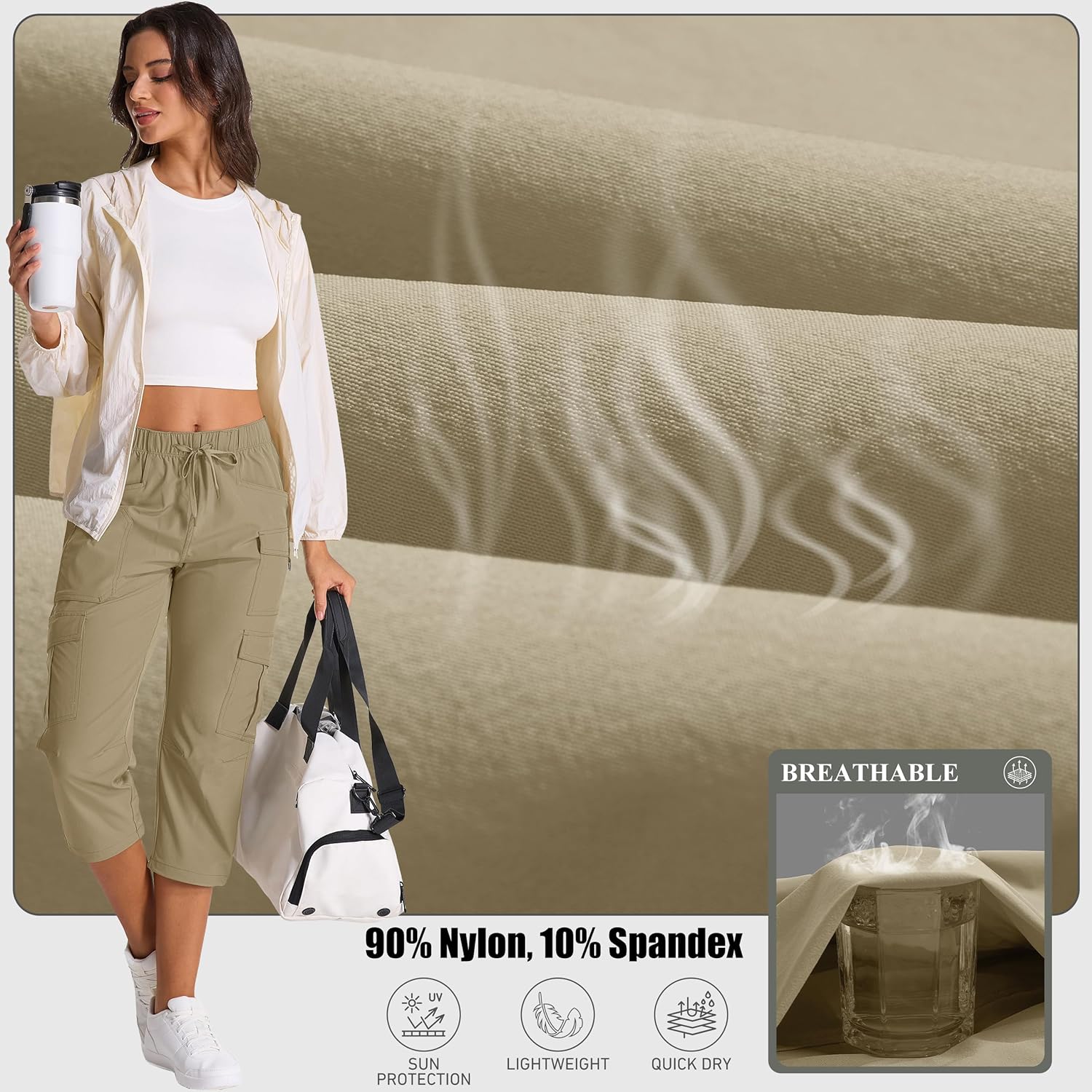 Womens Capris with Pockets Stretch Shorts Hiking Cargo Quick Dry Elastic Waist Long Shorts - Image 5