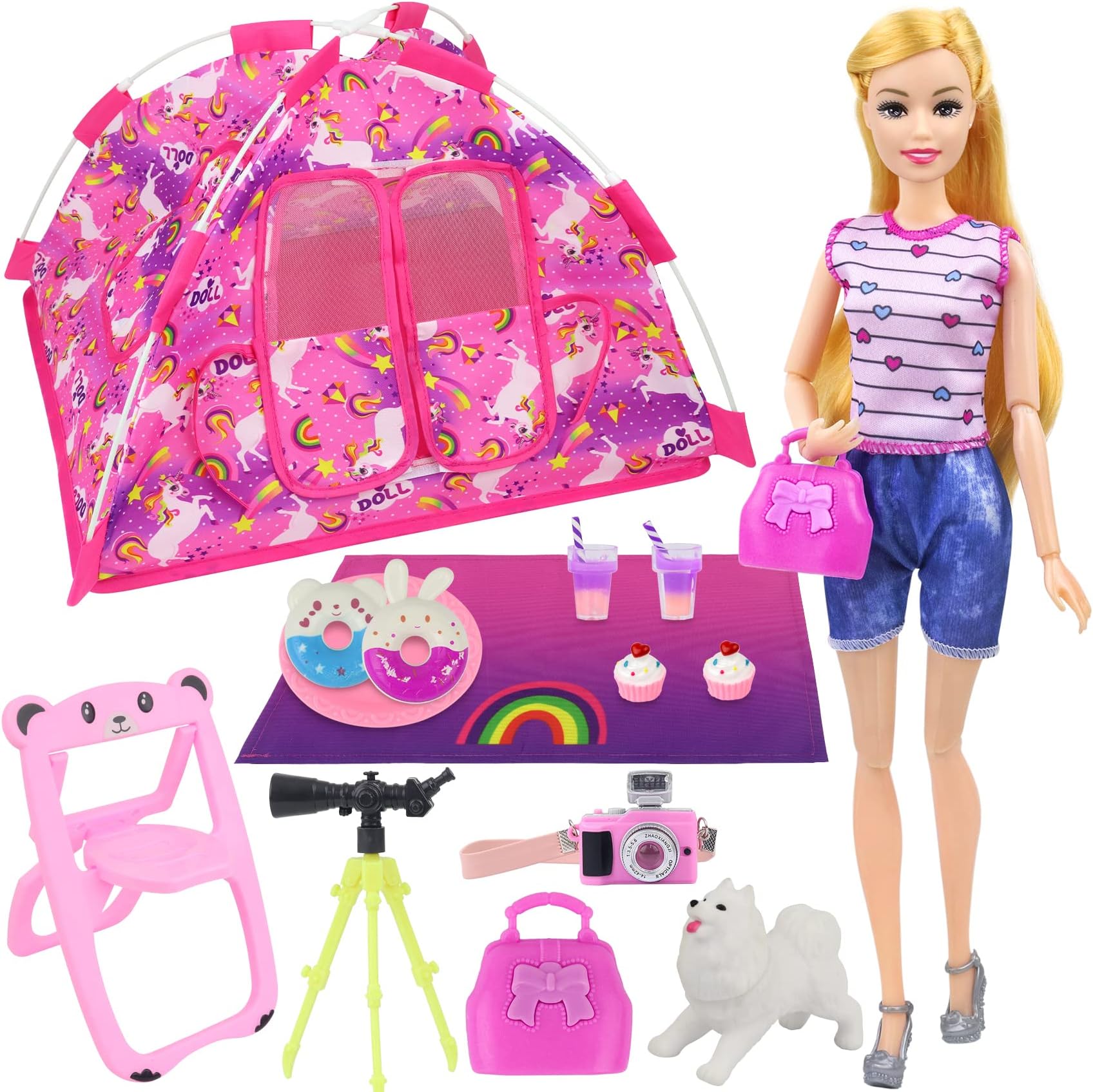Ecore Fun 15 Pcs Doll Camp and Accessories Set for 11.5 Inch Girl Doll Include Doll Camp, Clothes, Chair, Camera, Drink, Cupcake, Donut, Telescope, Toy Dog, Bag