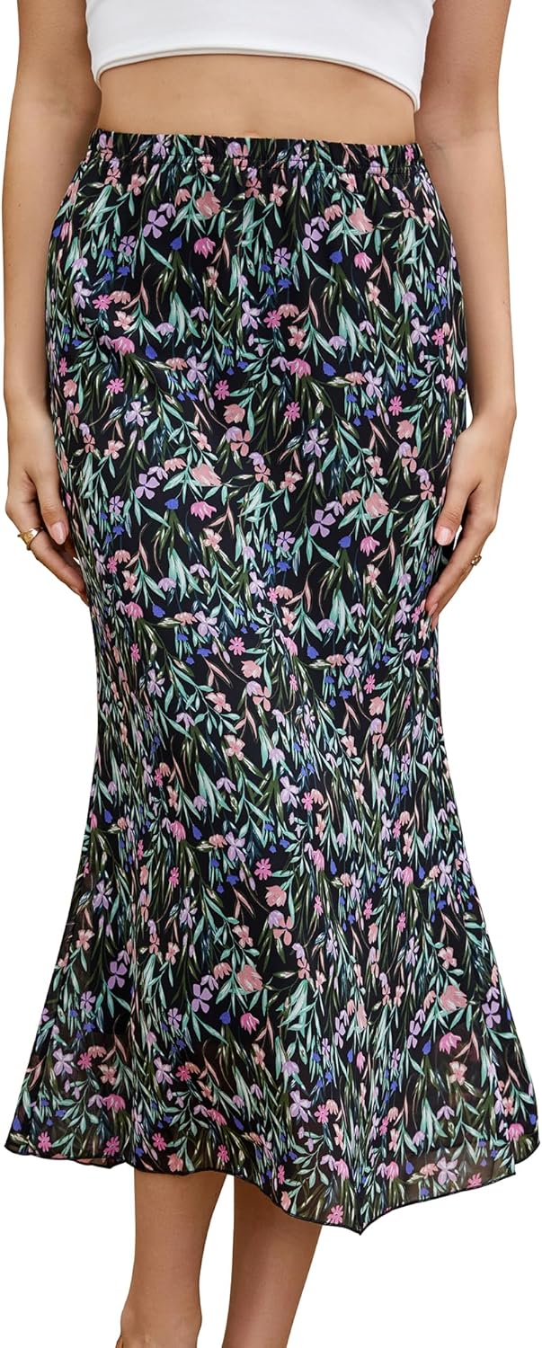 Gardenwed Womens Midi Casual Skirt High Waisted Pleated Flowy A Line Elastic Swing Skirts with Side Slit Small Black Mixed Floral
