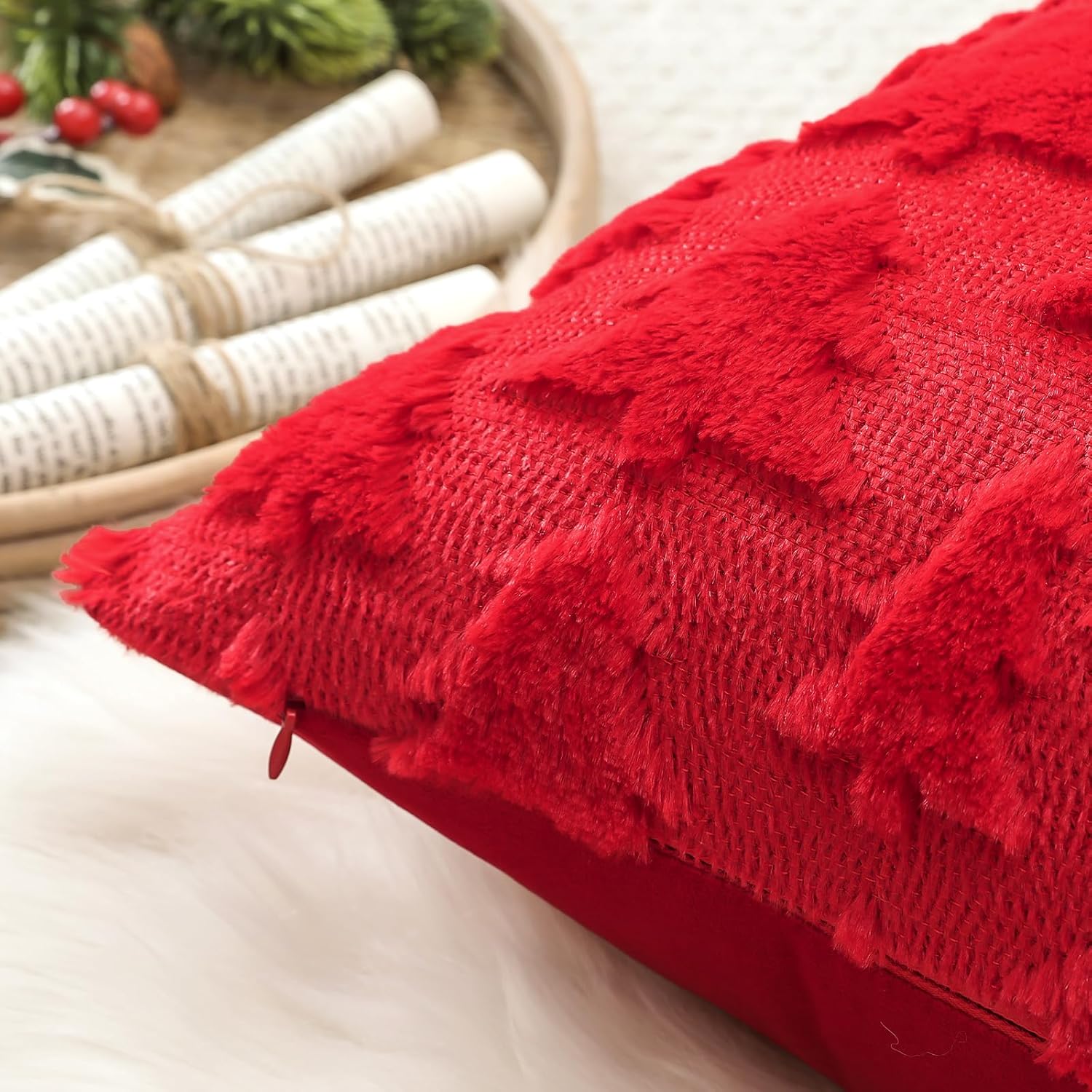 Artscope Christmas Tree Pillow Covers 20x20 Set of 2 Decorative Winter Holiday Throw Pillow Cases Soft Plush Faux Fur Velve Couch Cushion Case for Christmas Sofa Bed Room Home Decor-Red
