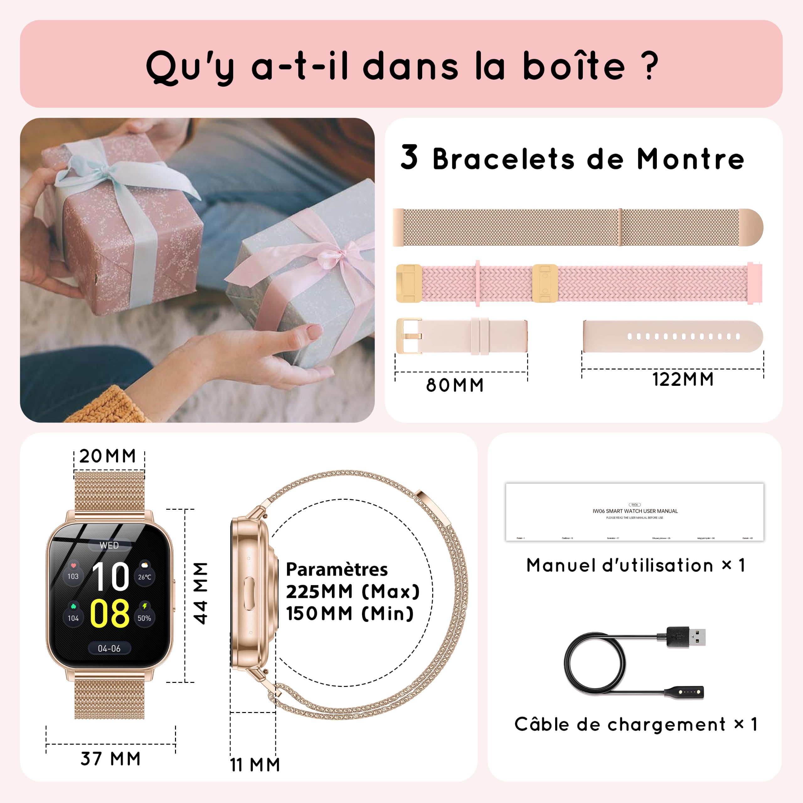 Montre Connectée Femme avec 3 Bracelets 30+ Jour Ultra 1,85" HD Fitness Smartwatch avec Appel Bluetooth/Fréquence Cardiaque/SpO2/Sommeil, 120+ Modes Sportifs,1000mAh pour iOS Android, Or Rose