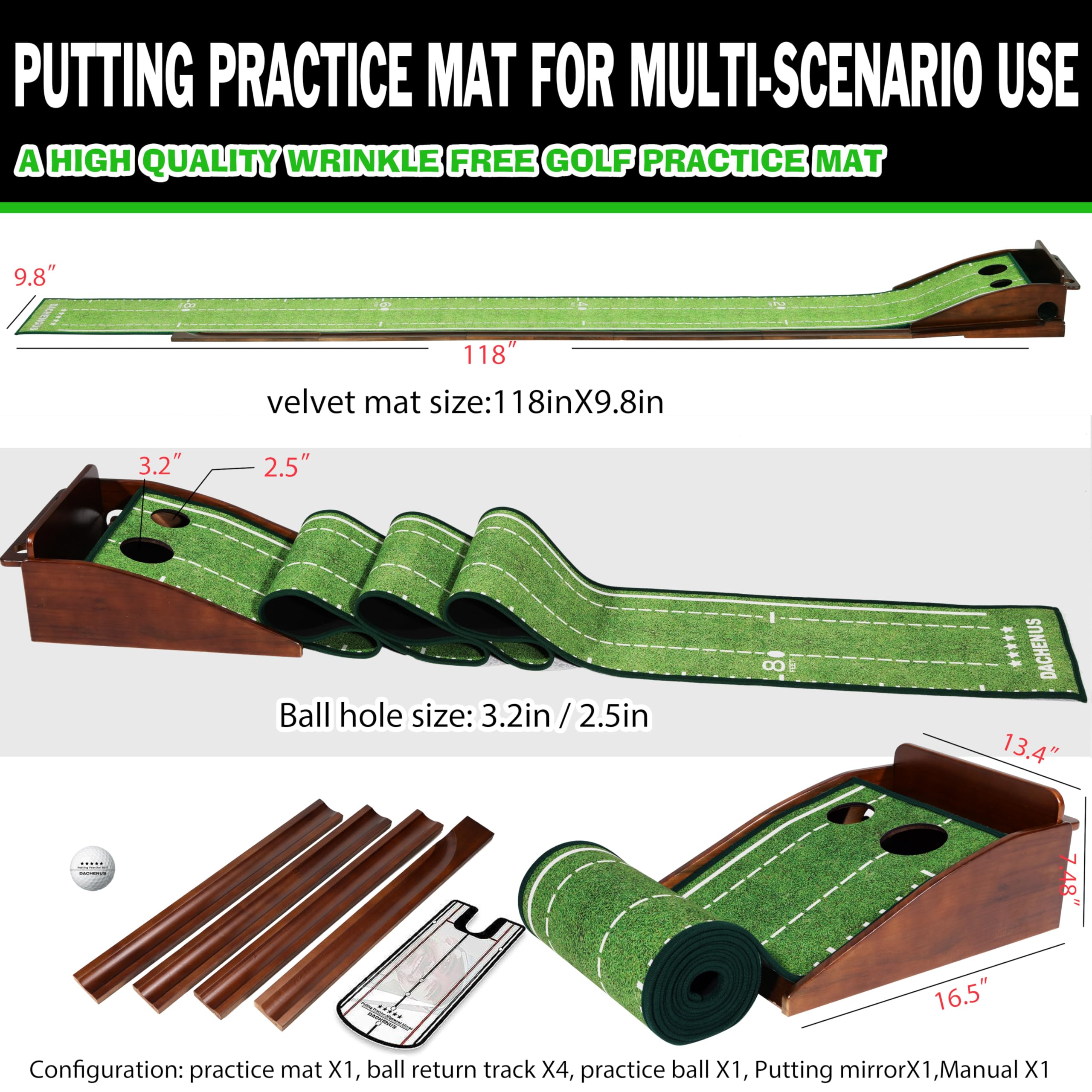 Putting Green, mata do użytku w pomieszczeniach, do minigolfa, mata do gry w golfa, matowa, zielona z automatycznym zwrotem piłki do wewnątrz i na zewnątrz, do biura, salonu, najlepsza pomoc w